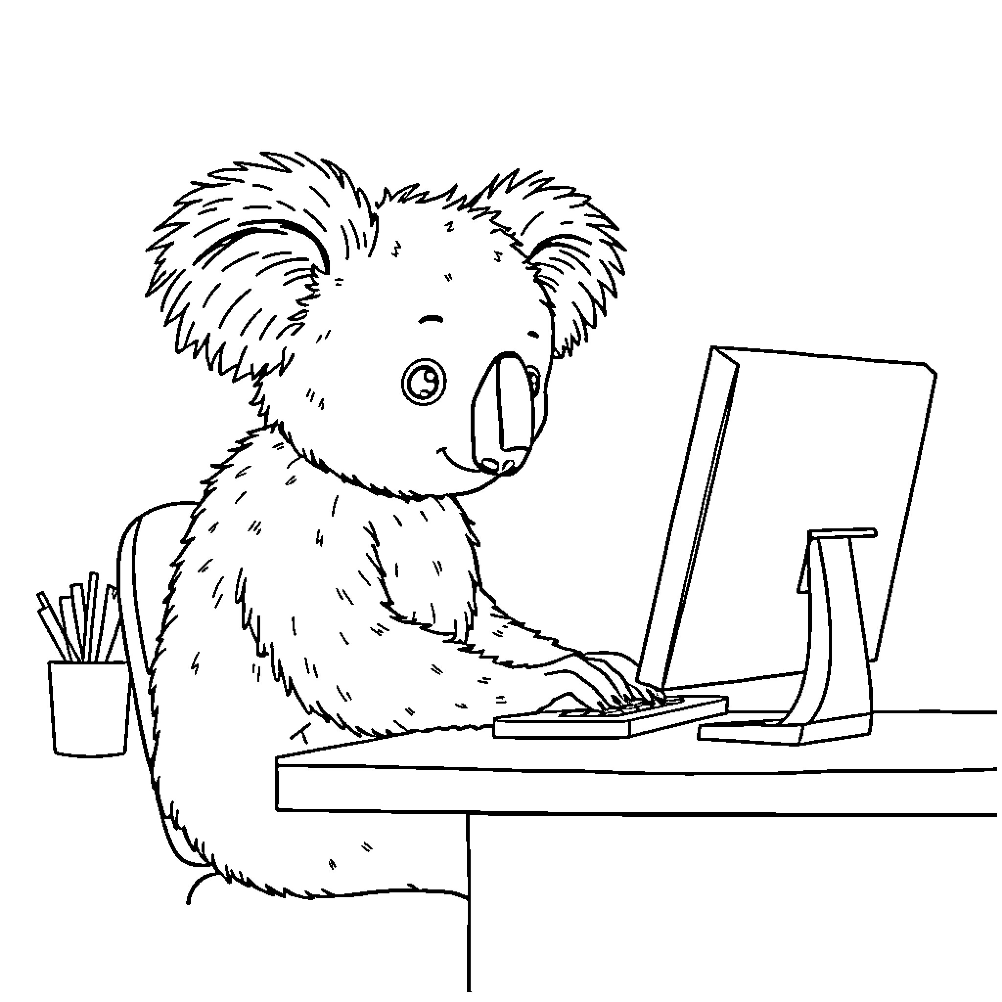 Koala working diligently on computer Coloring Page (free black-and-white line drawing printable PDF for all, from beginners to advanced learners, including children, teens, adults, and seniors)