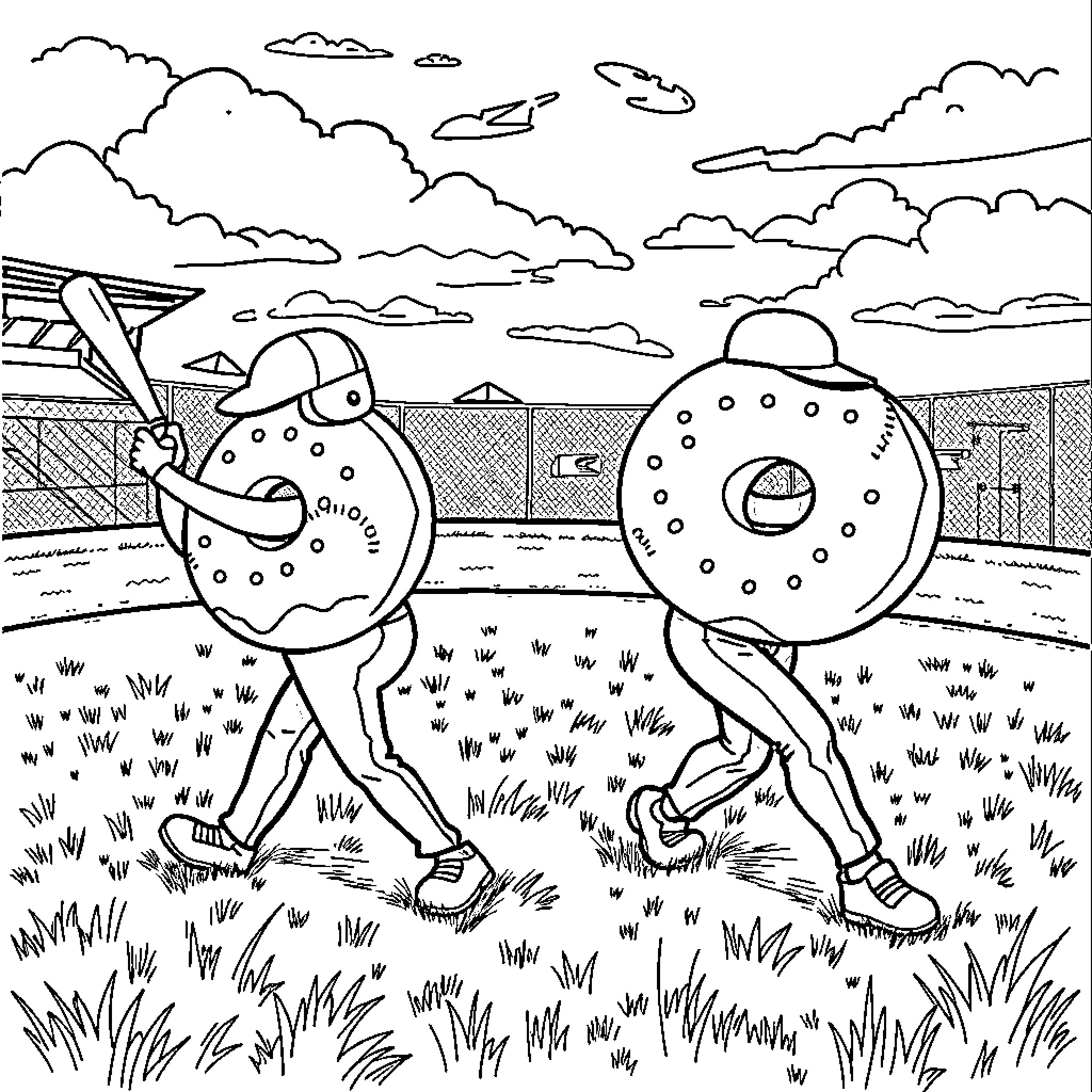 Donut characters playing outdoors in a field Coloring Page (free black-and-white line drawing printable PDF for all, from beginners to advanced learners, including children, teens, adults, and seniors)