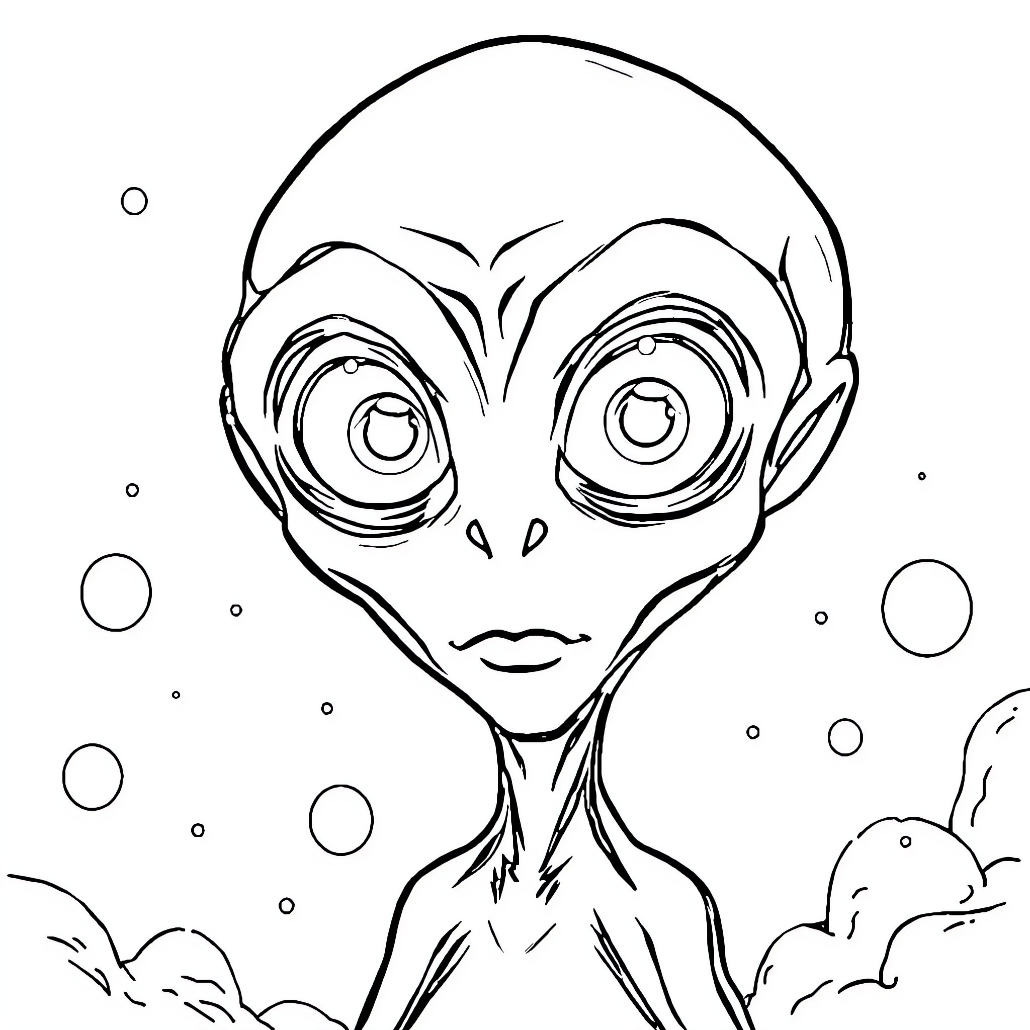 Alien's Curious Gaze in Surreal Landscape Coloring Page (free black-and-white line drawing printable PDF for all, from beginners to advanced learners, including children, teens, adults, and seniors)