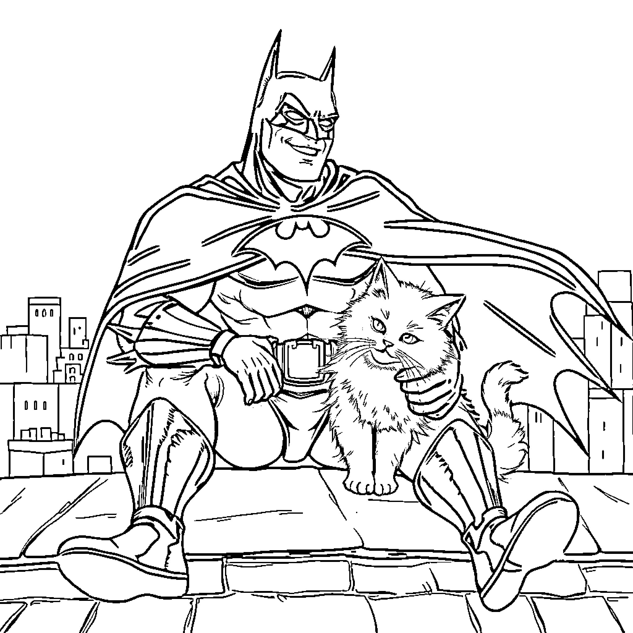 Batman cradling his beloved feline companion Coloring Page (free black-and-white line drawing printable PDF for all, from beginners to advanced learners, including children, teens, adults, and seniors)