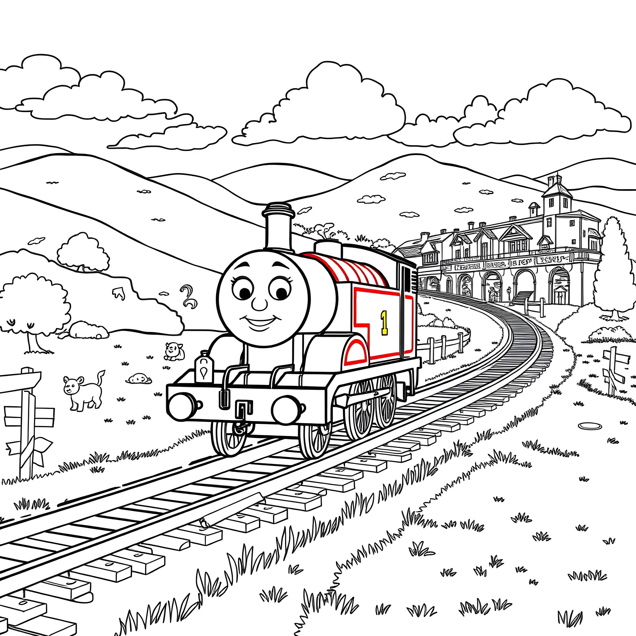 Thomas the Tank Engine exploring the countryside Coloring Page (free black-and-white line drawing printable PDF for all, from beginners to advanced learners, including children, teens, adults, and seniors)