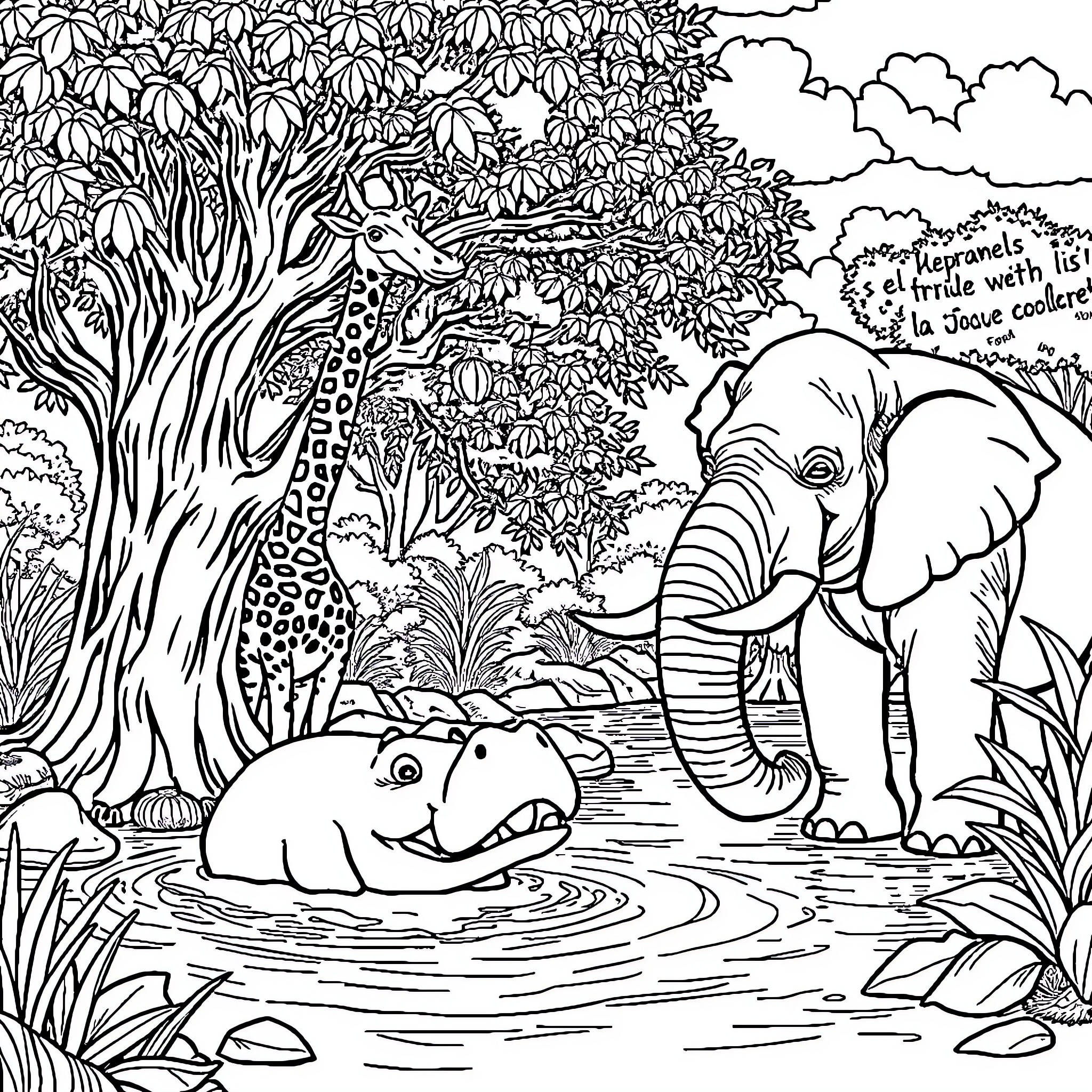 Zoo Animals Exploring a Lush Jungle Habitat Coloring Page (free black-and-white line drawing printable PDF for all, from beginners to advanced learners, including children, teens, adults, and seniors)