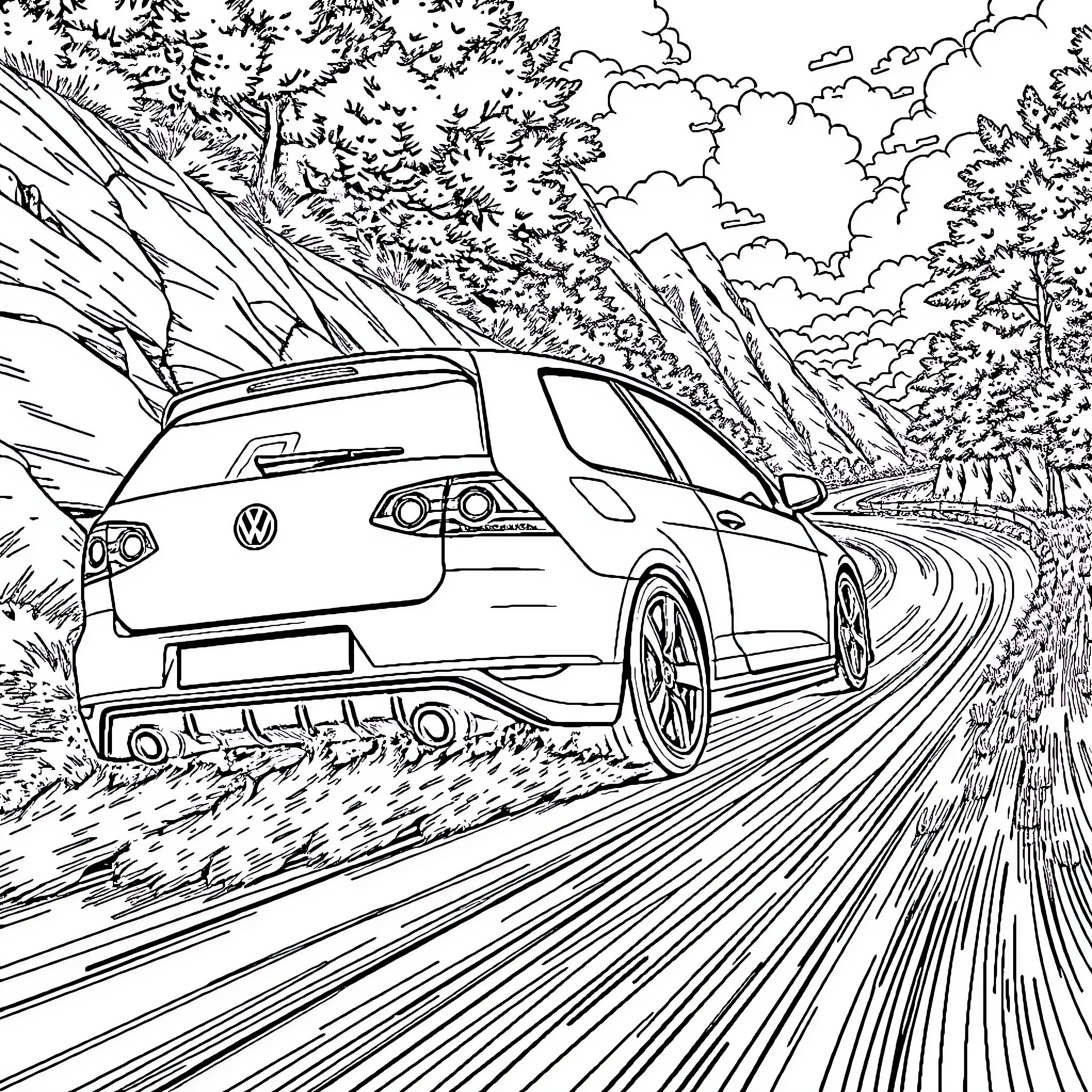 Golf car speeding through scenic mountain road Coloring Page (free black-and-white line drawing printable PDF for all, from beginners to advanced learners, including children, teens, adults, and seniors)