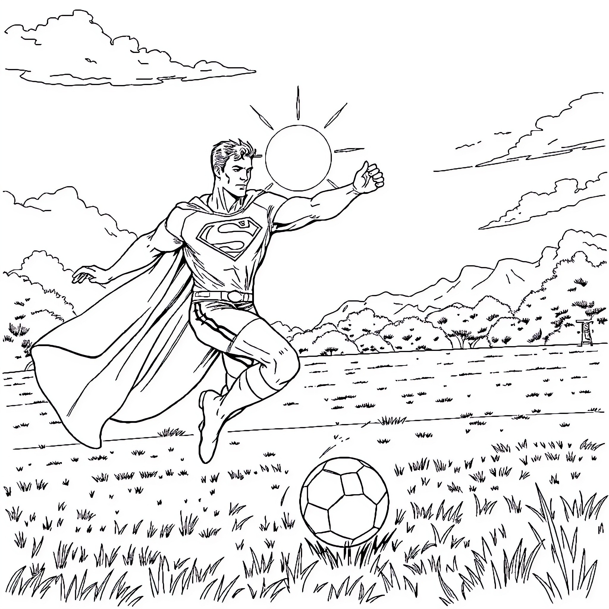 Superman heroically soaring over a scenic landscape Coloring Page (free black-and-white line drawing printable PDF for all, from beginners to advanced learners, including children, teens, adults, and seniors)