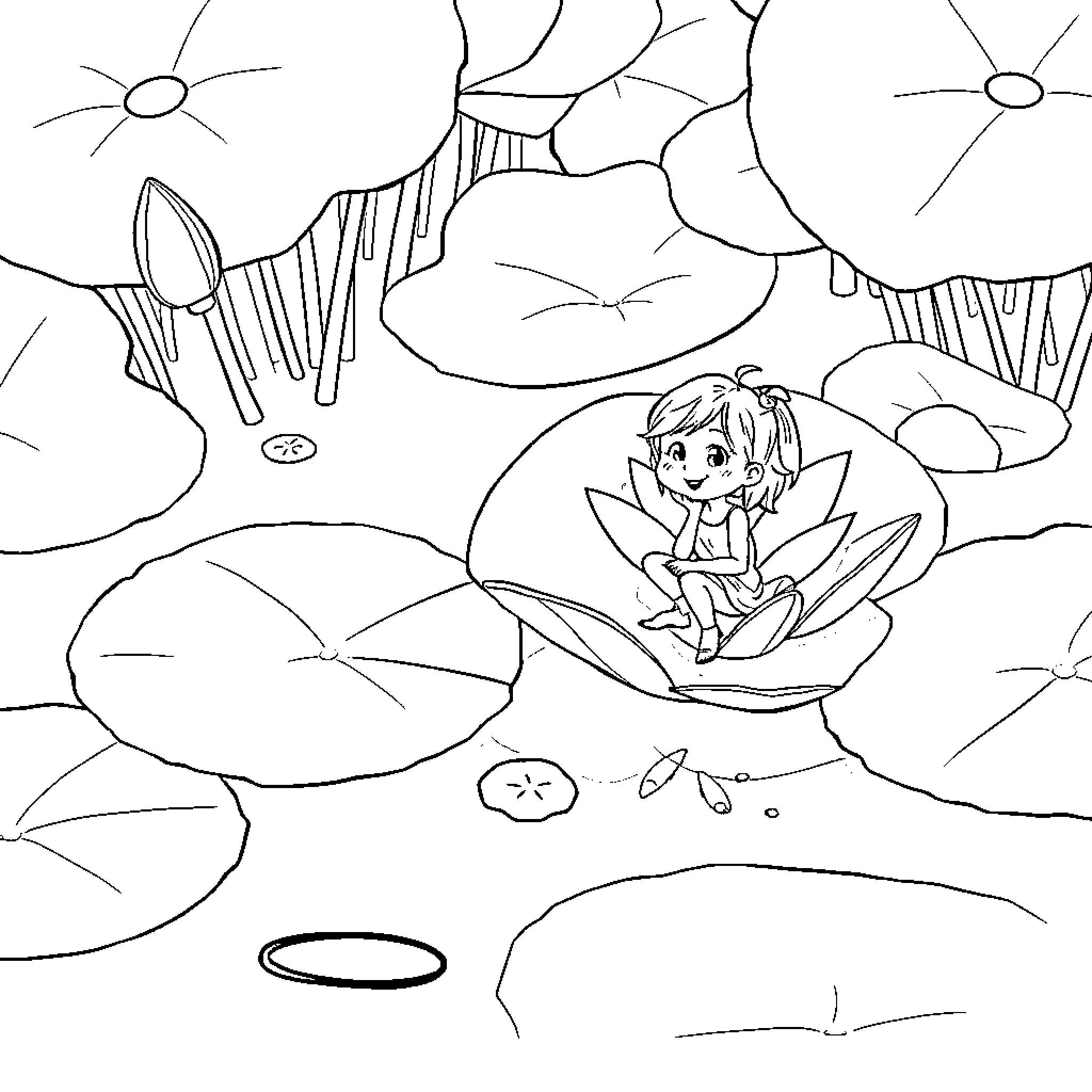 Water Lily Fairy Resting on Lily Pad Coloring Page (free black-and-white line drawing printable PDF for all, from beginners to advanced learners, including children, teens, adults, and seniors)