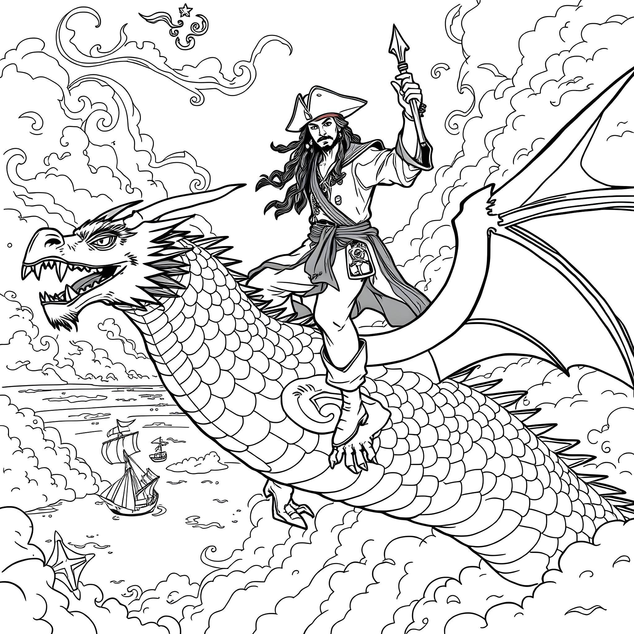 Jack Sparrow riding a dragon and wielding a spear Coloring Page (free black-and-white line drawing printable PDF for all, from beginners to advanced learners, including children, teens, adults, and seniors)