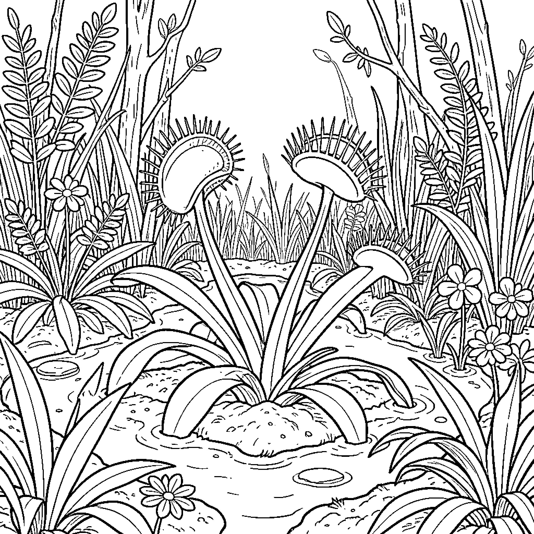 Venus Flytrap surrounded by lush foliage and blooming flowers Coloring Page (free black-and-white line drawing printable PDF for all, from beginners to advanced learners, including children, teens, adults, and seniors)