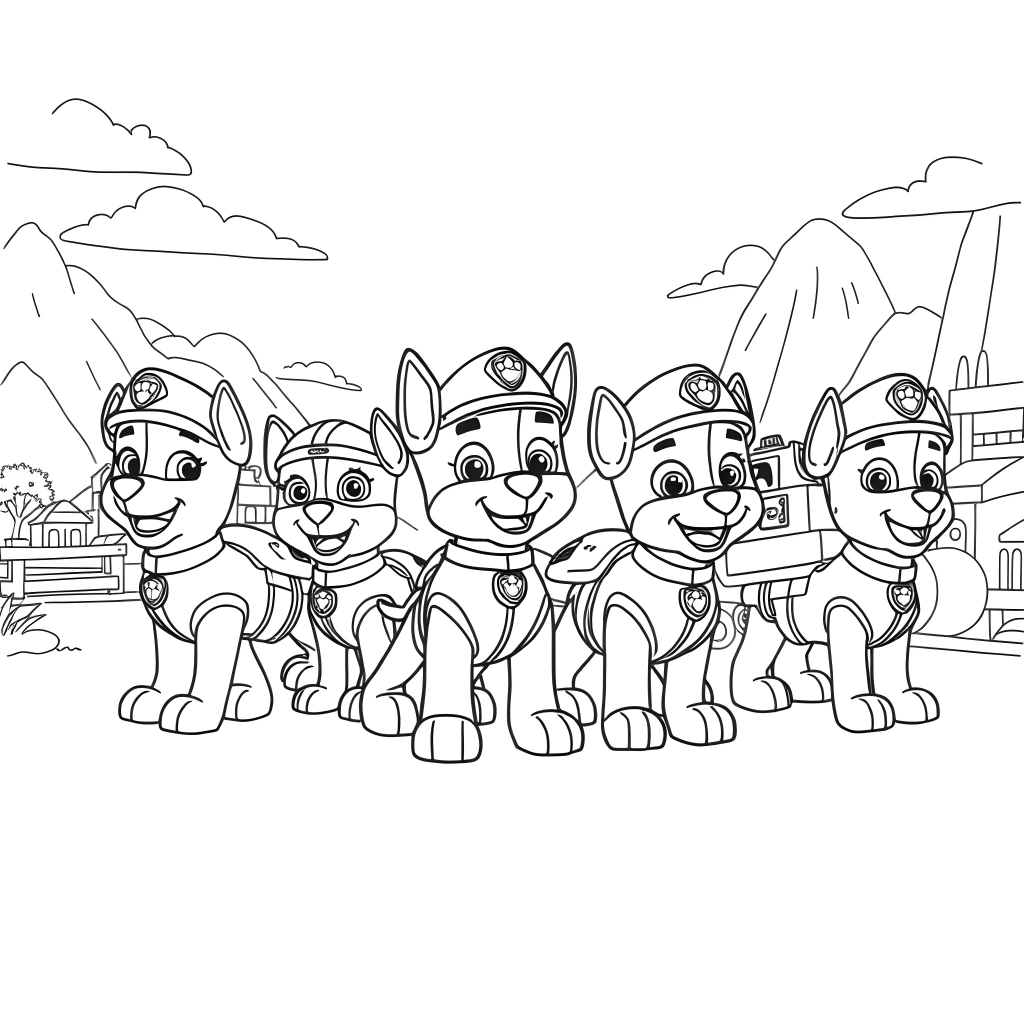 Paw Patrol pups on duty in the village Coloring Page (free black-and-white line drawing printable PDF for all, from beginners to advanced learners, including children, teens, adults, and seniors)