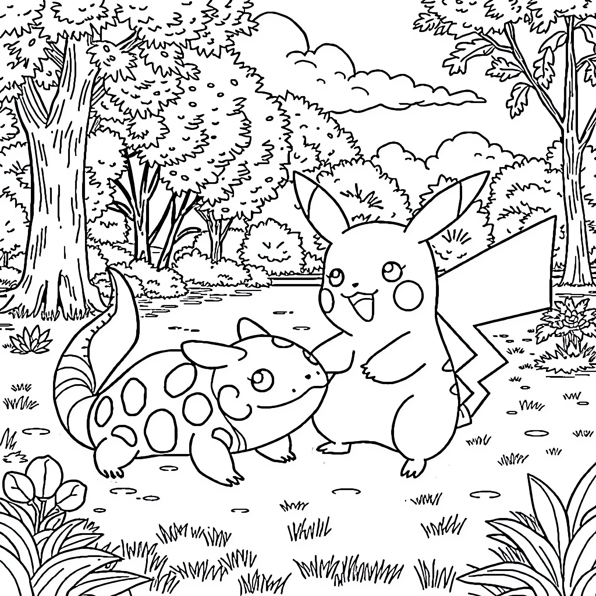 Pikachu enjoying nature with a friendly Pokemon companion Coloring Page (free black-and-white line drawing printable PDF for all, from beginners to advanced learners, including children, teens, adults, and seniors)