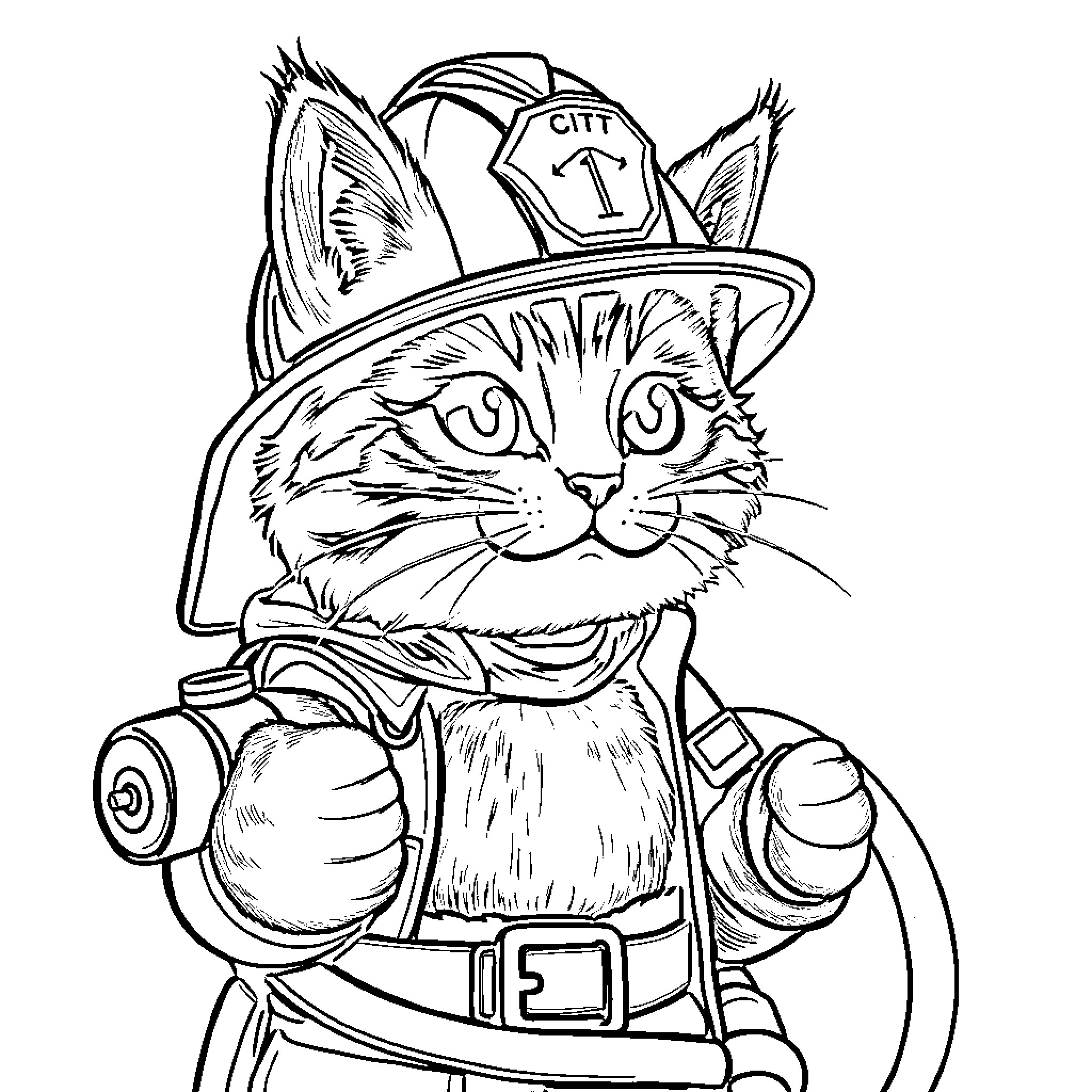 Tabby Cat Firefighter in Uniform Coloring Page (free black-and-white line drawing printable PDF for all, from beginners to advanced learners, including children, teens, adults, and seniors)