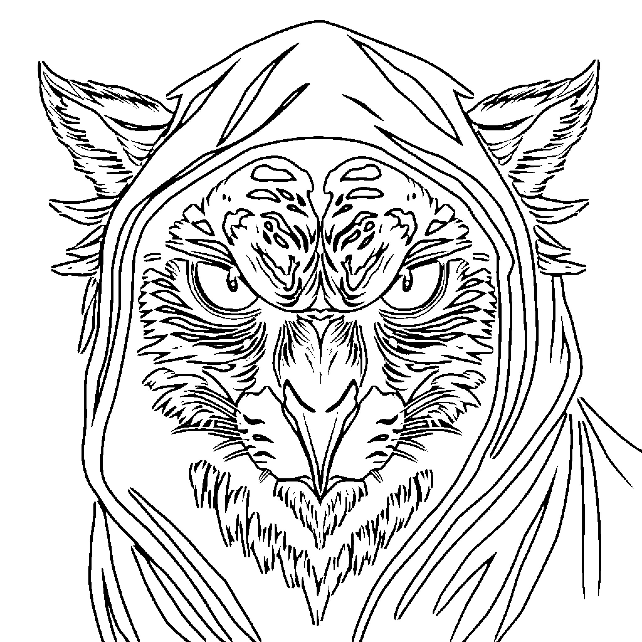 Dark Sorceress Owl with Piercing Gaze Coloring Page (free black-and-white line drawing printable PDF for all, from beginners to advanced learners, including children, teens, adults, and seniors)