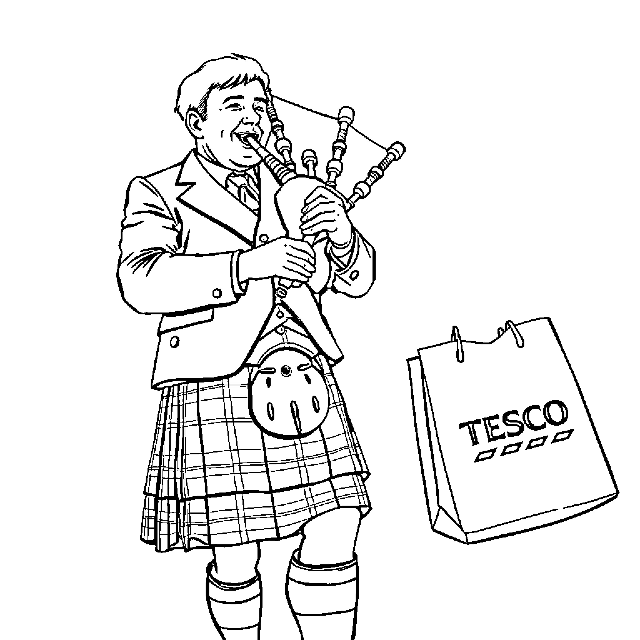 Man playing bagpipes while holding shopping bag Coloring Page (free black-and-white line drawing printable PDF for all, from beginners to advanced learners, including children, teens, adults, and seniors)