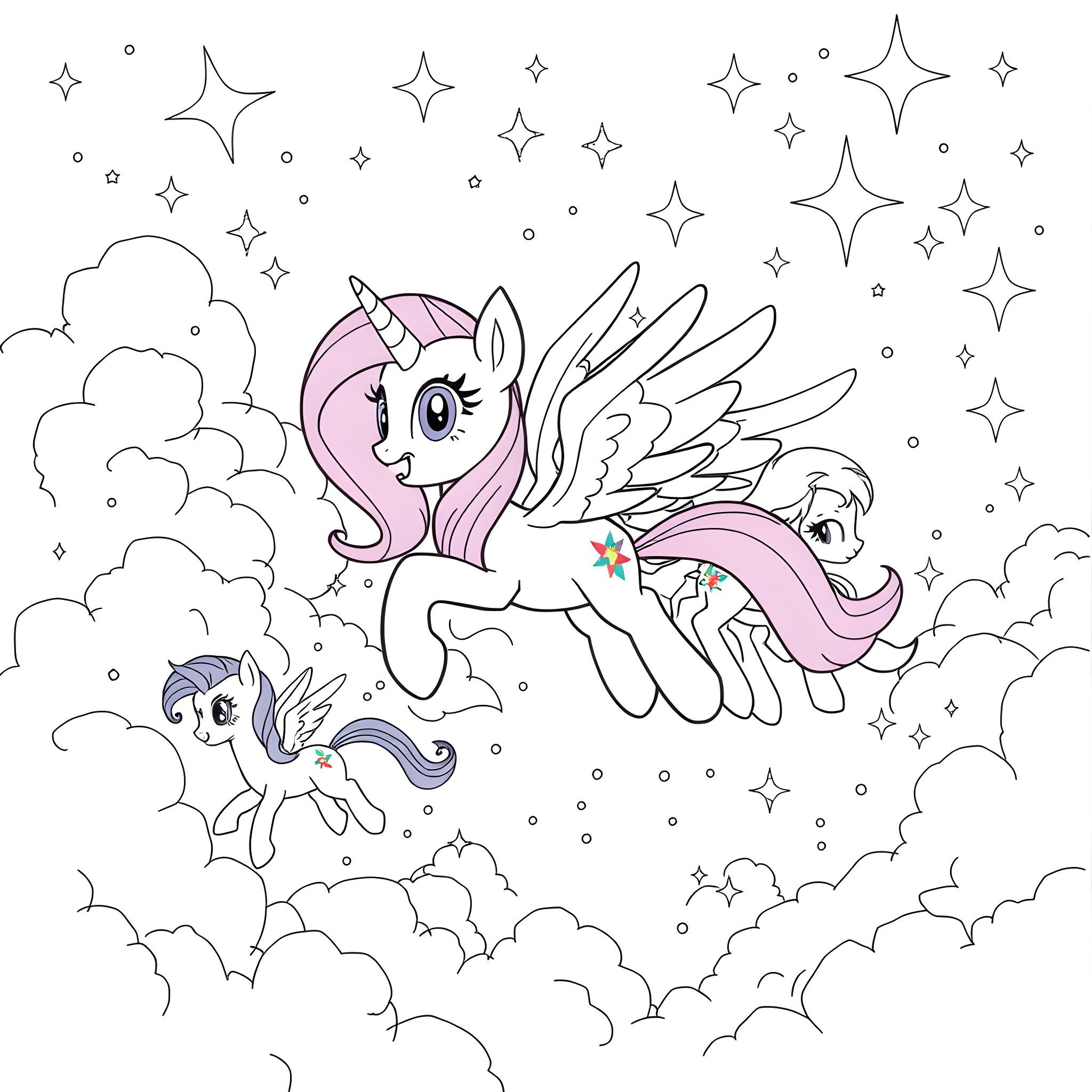 Twilight Sparkle flying with friends in the starry night Coloring Page (free black-and-white line drawing printable PDF for all, from beginners to advanced learners, including children, teens, adults, and seniors)