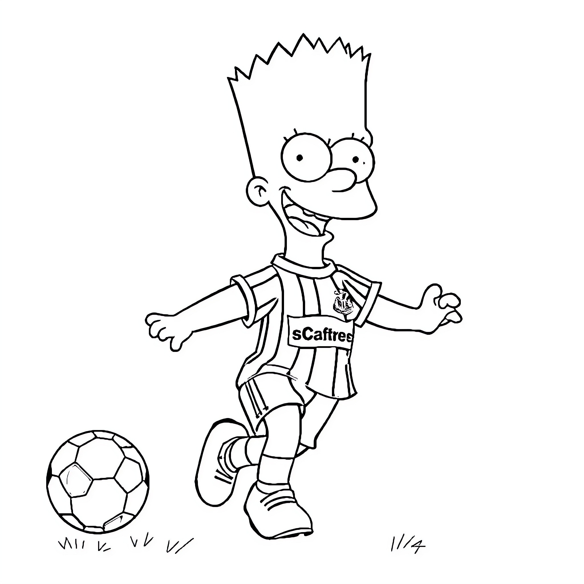 Bart Simpson playing soccer happily Coloring Page (free black-and-white line drawing printable PDF for all, from beginners to advanced learners, including children, teens, adults, and seniors)