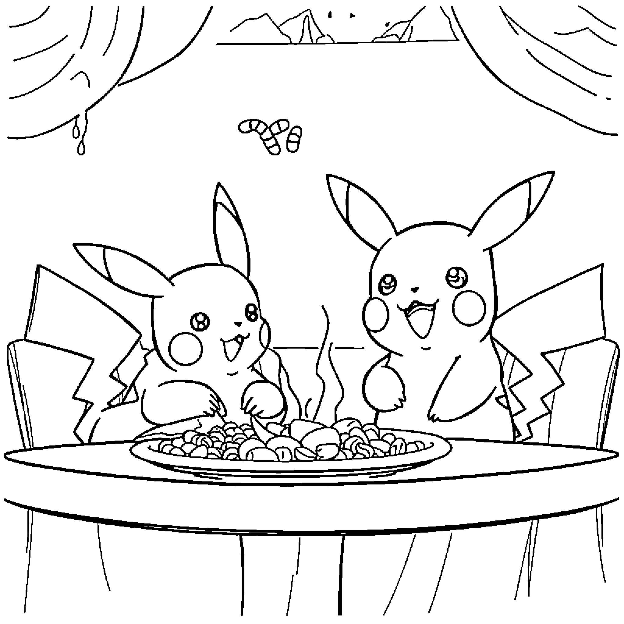 Boy and Pikachu enjoying a snack together Coloring Page (free black-and-white line drawing printable PDF for all, from beginners to advanced learners, including children, teens, adults, and seniors)