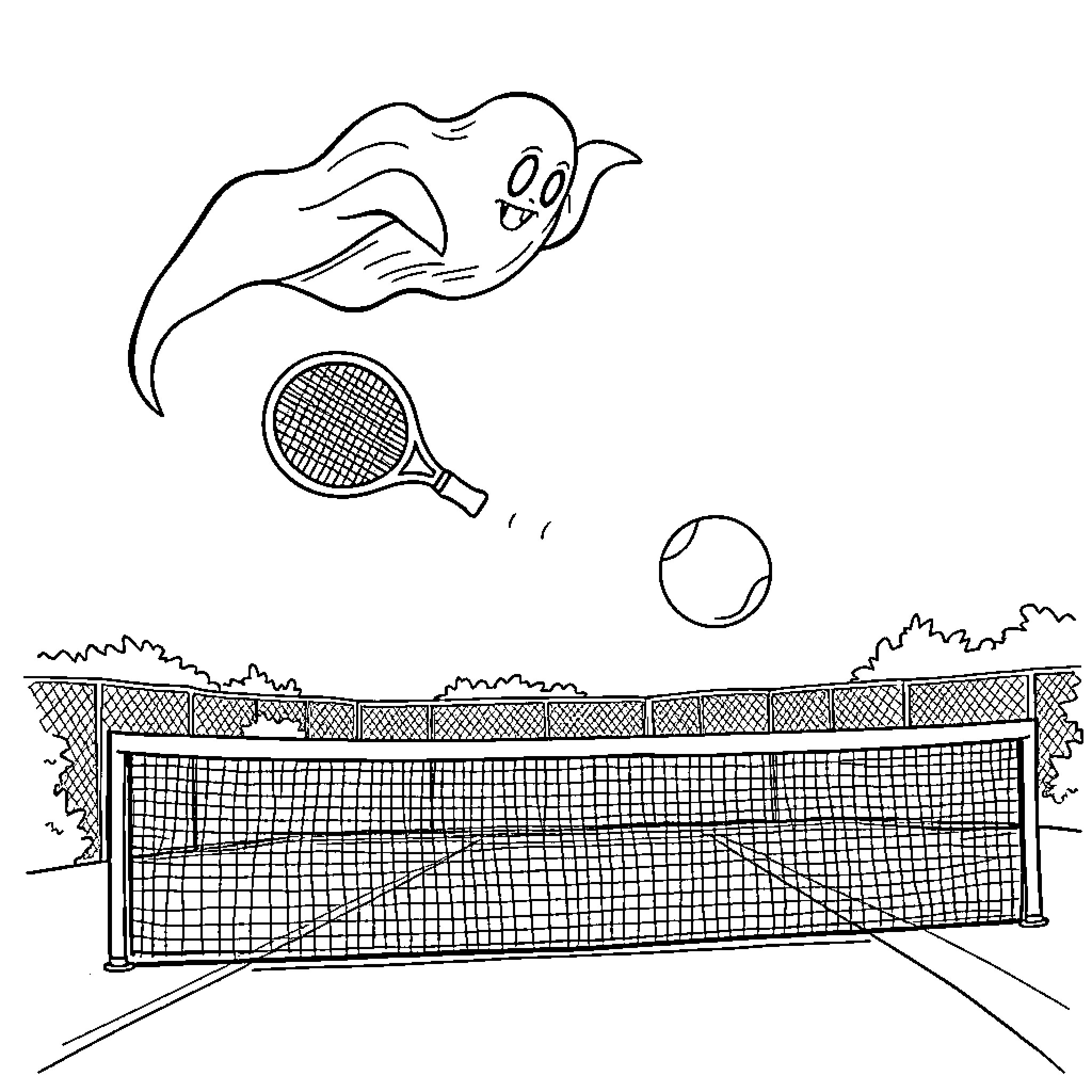 Ghost playing tennis on the court Coloring Page (free black-and-white line drawing printable PDF for all, from beginners to advanced learners, including children, teens, adults, and seniors)