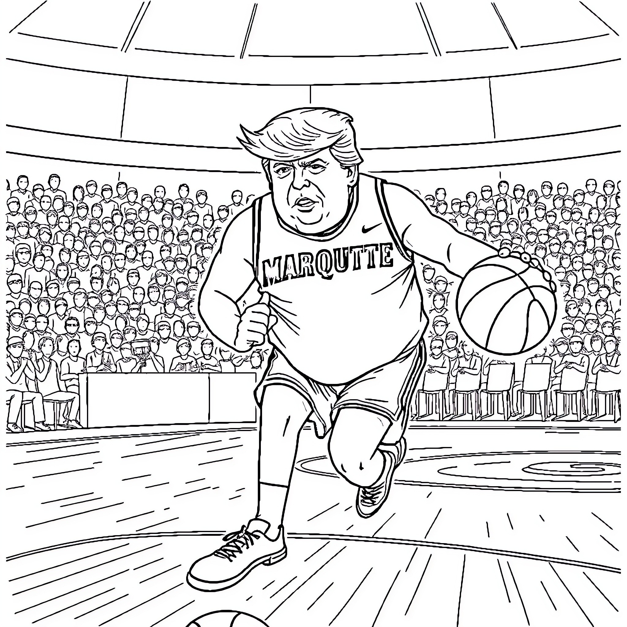 Donald Trump Playing Basketball in a Maroutte Jersey Coloring Page (free black-and-white line drawing printable PDF for all, from beginners to advanced learners, including children, teens, adults, and seniors)