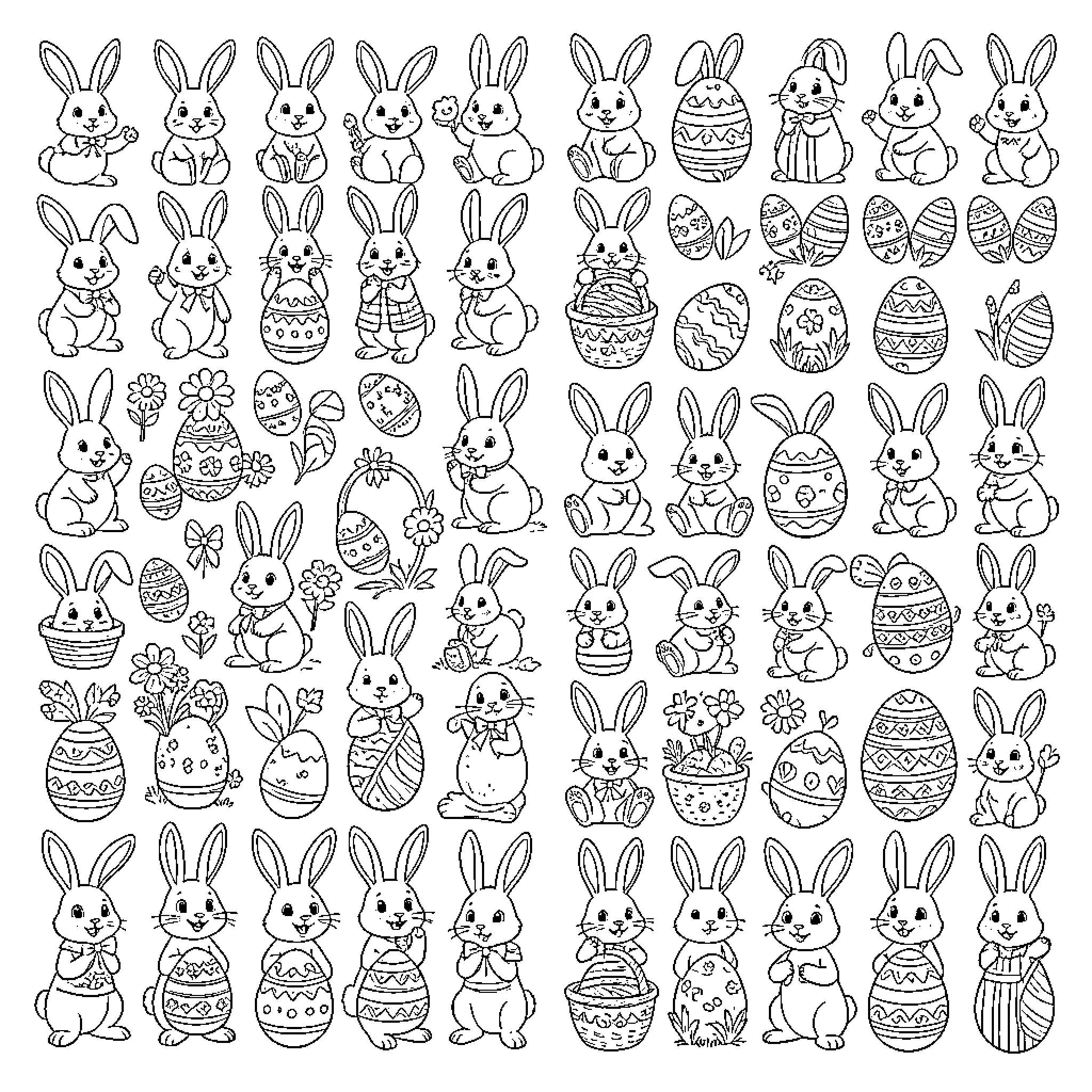 Easter Bunnies and Eggs: A Whimsical Collection Coloring Page (free black-and-white line drawing printable PDF for all, from beginners to advanced learners, including children, teens, adults, and seniors)