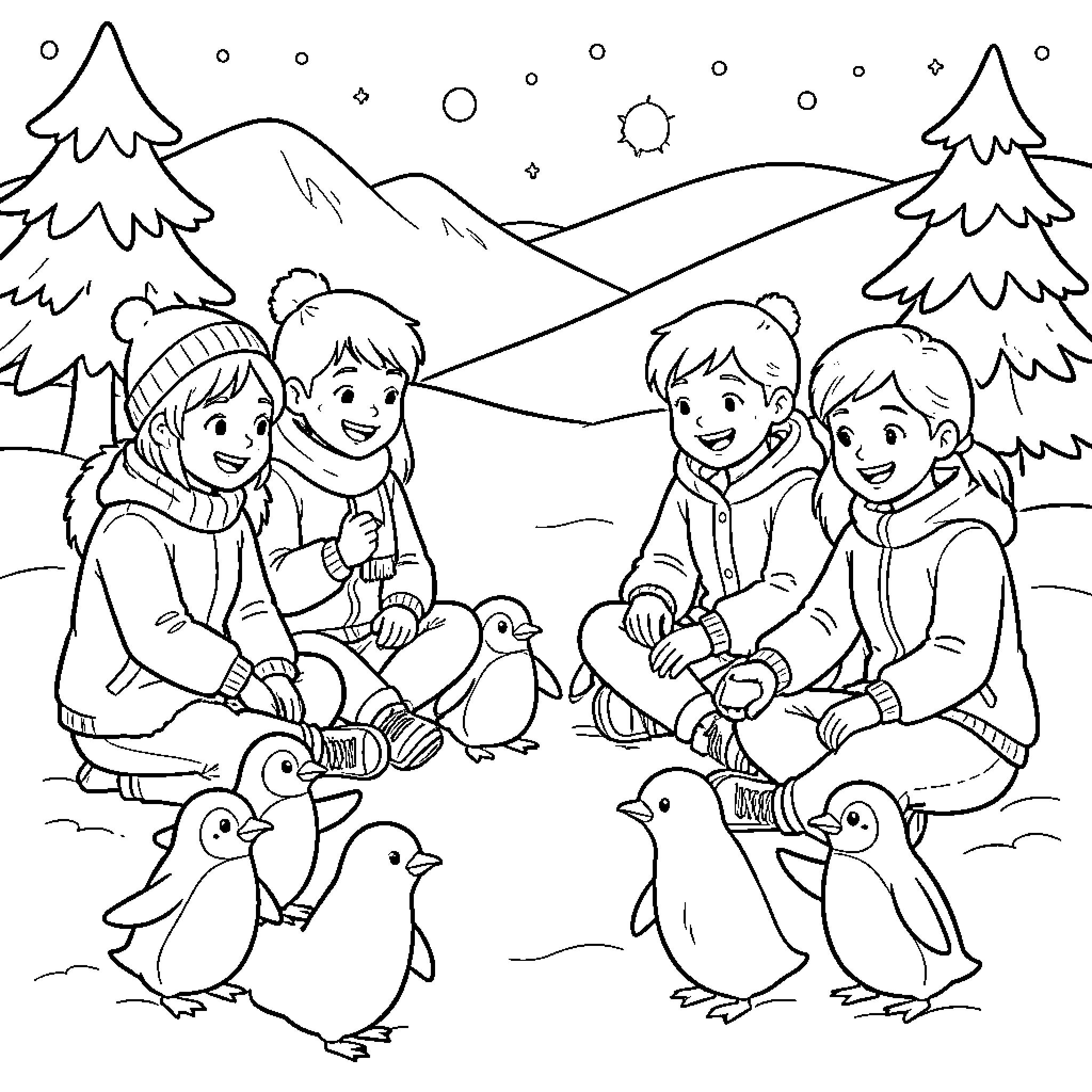 Students enjoying winter activities outdoors with penguins Coloring Page (free black-and-white line drawing printable PDF for all, from beginners to advanced learners, including children, teens, adults, and seniors)