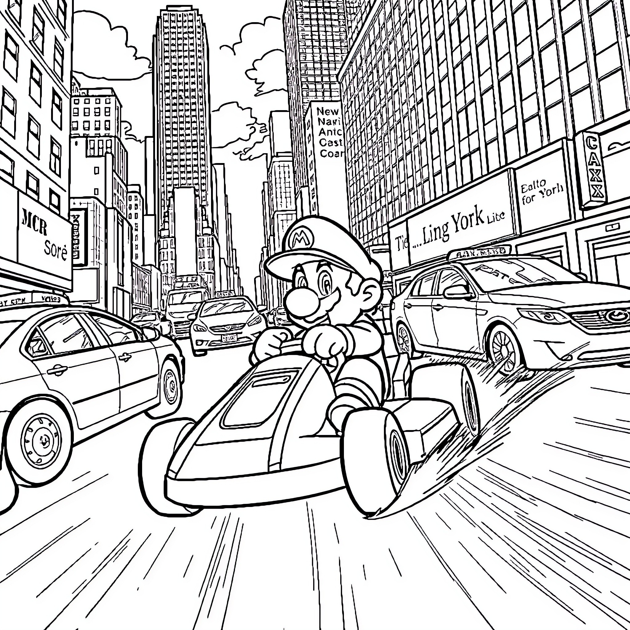 Mario's Speedy Adventure in the City Coloring Page (free black-and-white line drawing printable PDF for all, from beginners to advanced learners, including children, teens, adults, and seniors)
