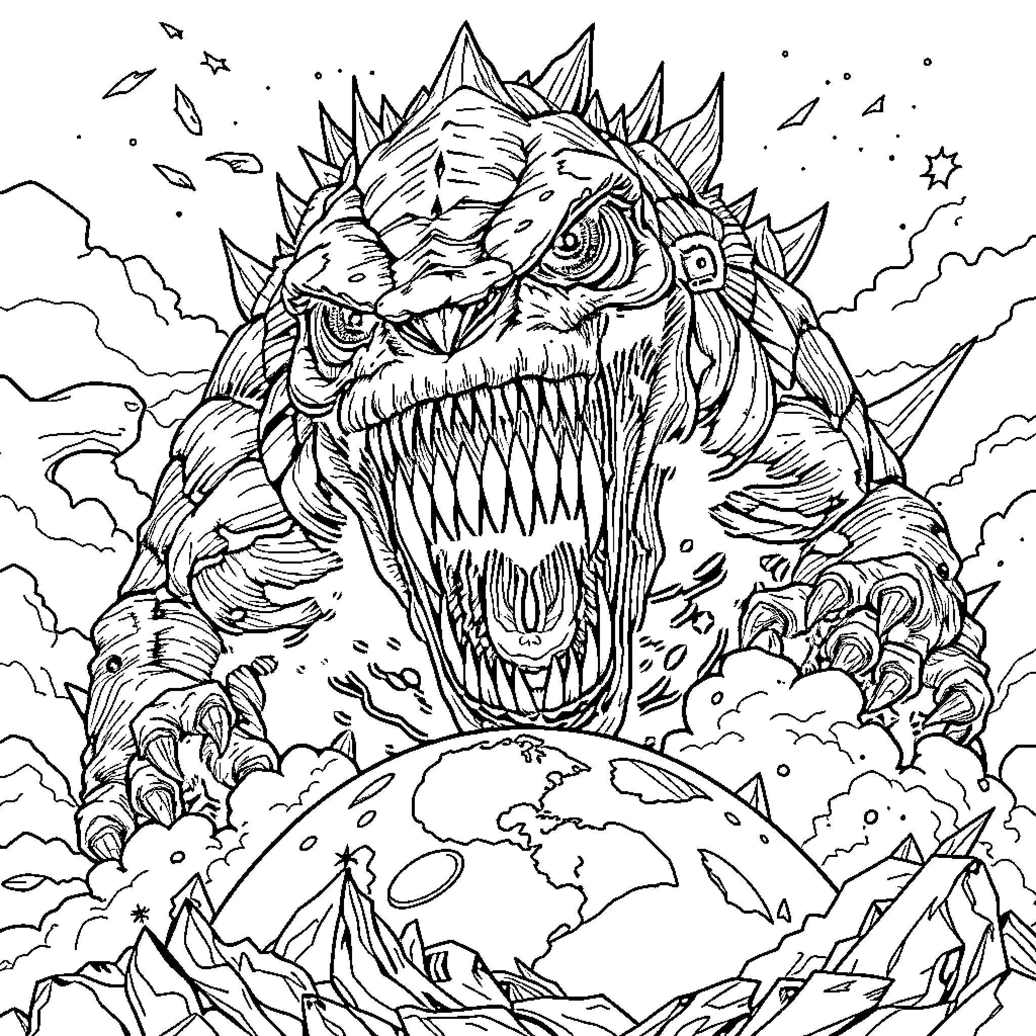 Monster Attacking Frightening Planet in Cosmic Space Coloring Page (free black-and-white line drawing printable PDF for all, from beginners to advanced learners, including children, teens, adults, and seniors)
