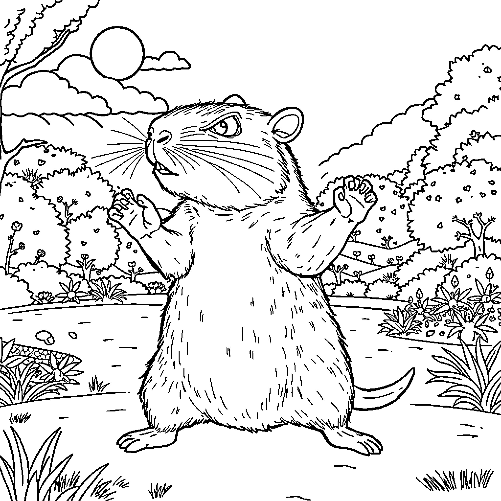 Capybara exploring the lush wilderness Coloring Page (free black-and-white line drawing printable PDF for all, from beginners to advanced learners, including children, teens, adults, and seniors)