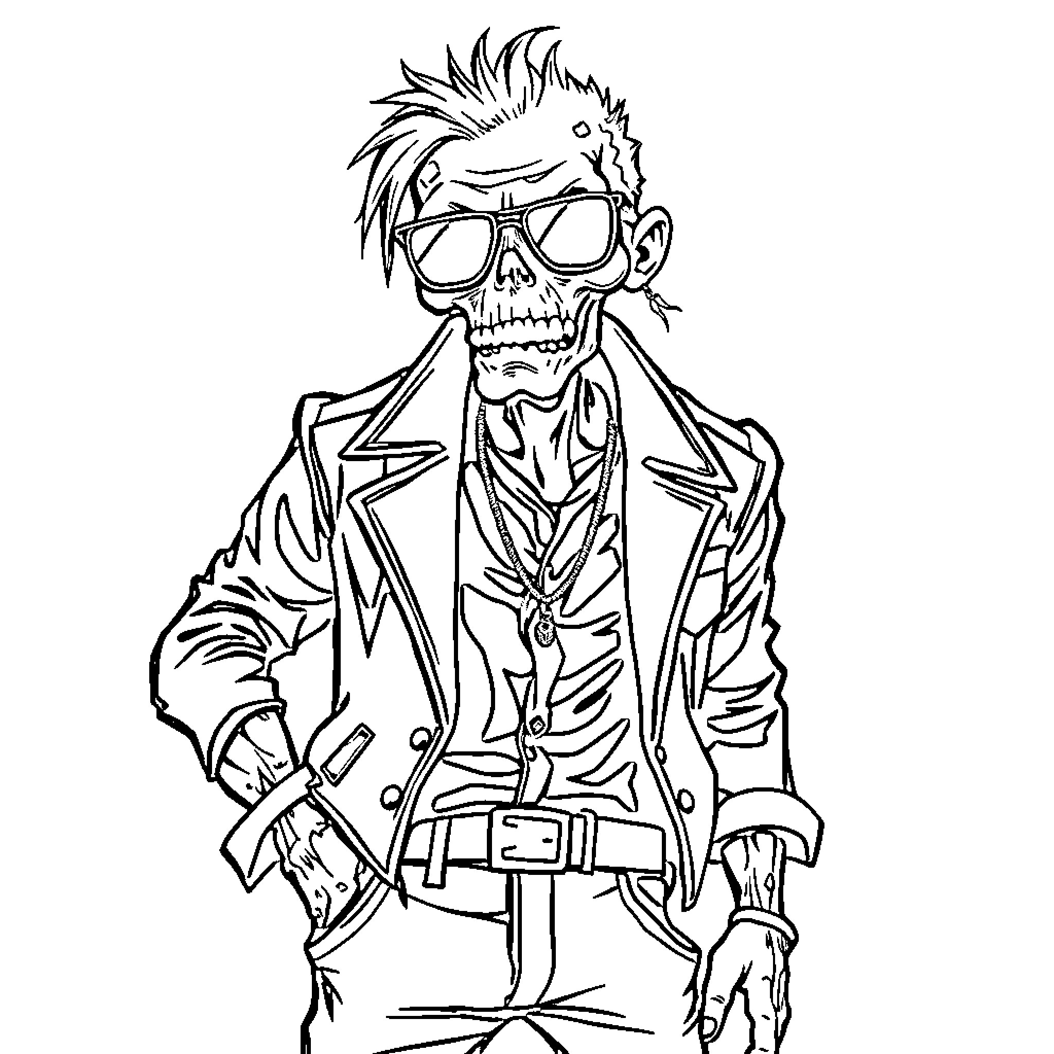 Zombie businessman in suit and sunglasses Coloring Page (free black-and-white line drawing printable PDF for all, from beginners to advanced learners, including children, teens, adults, and seniors)