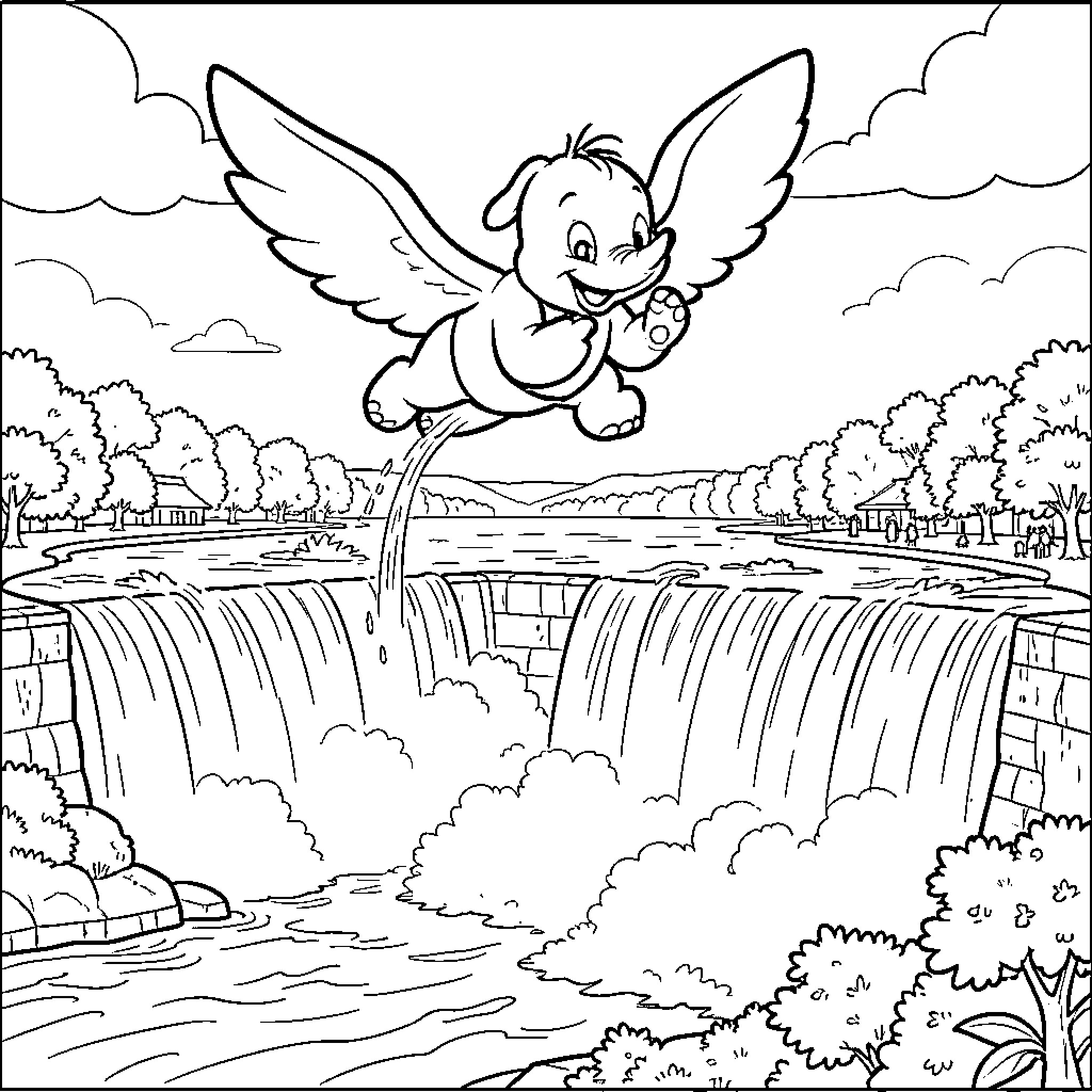 Dumbo flying over the majestic waterfalls Coloring Page (free black-and-white line drawing printable PDF for all, from beginners to advanced learners, including children, teens, adults, and seniors)
