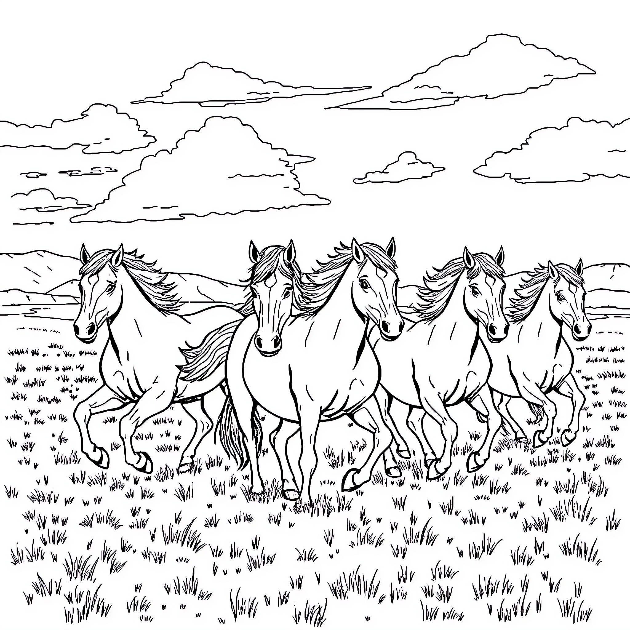 Horse herd running freely in open field Coloring Page (free black-and-white line drawing printable PDF for all, from beginners to advanced learners, including children, teens, adults, and seniors)