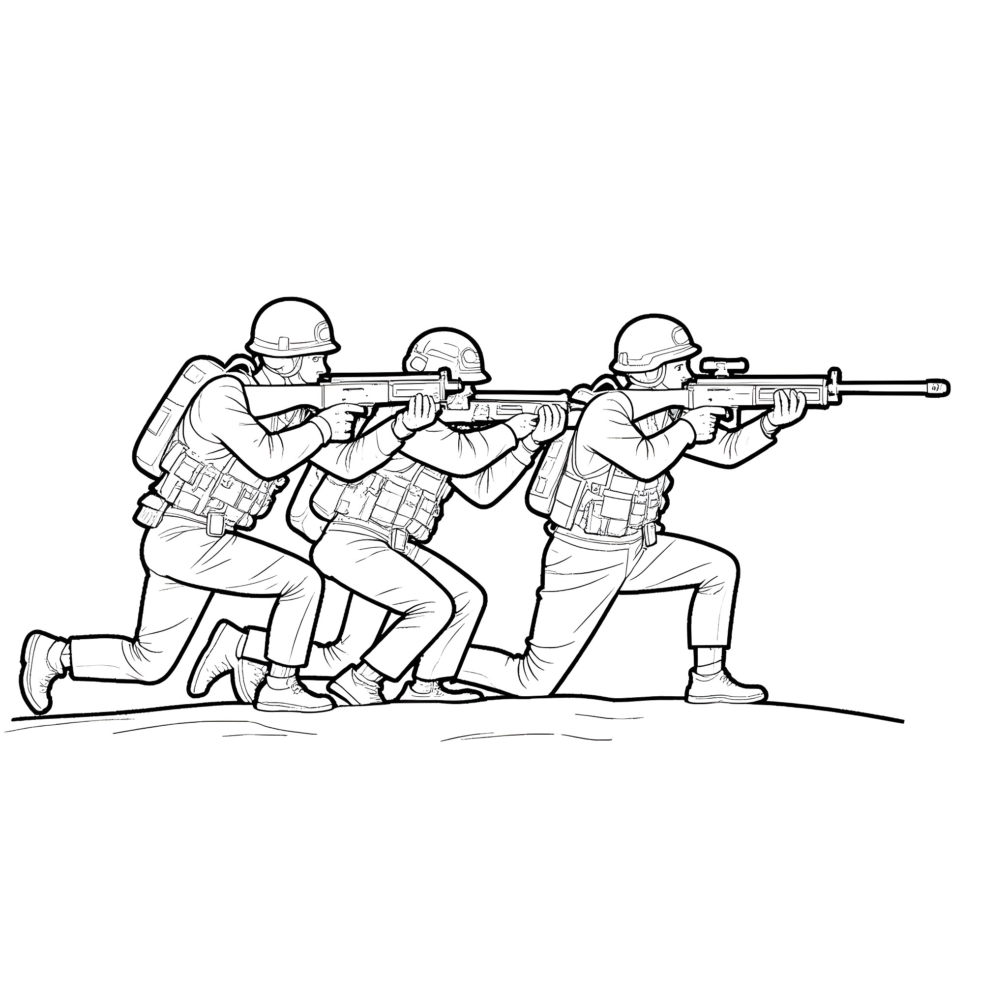 Marine soldiers on tactical mission Coloring Page (free black-and-white line drawing printable PDF for all, from beginners to advanced learners, including children, teens, adults, and seniors)