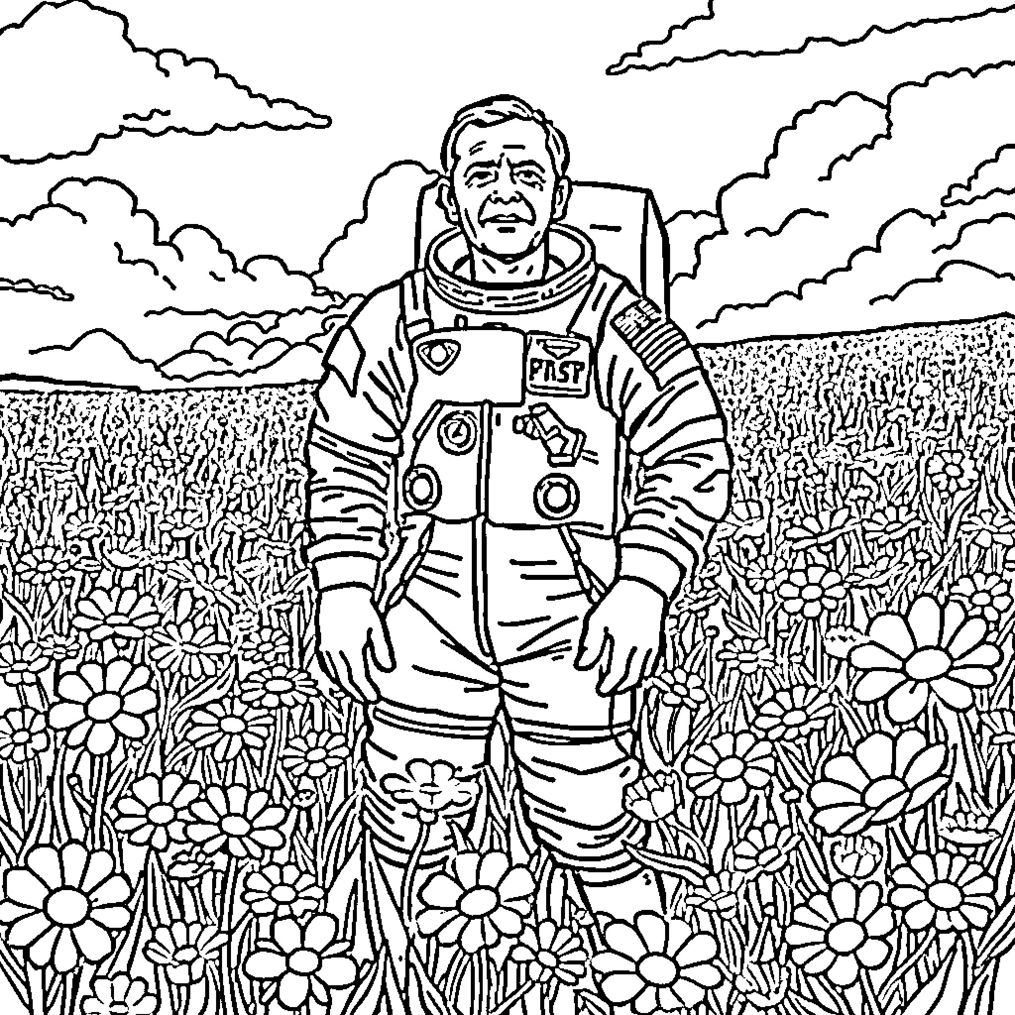 Neil Armstrong exploring the lunar landscape Coloring Page (free black-and-white line drawing printable PDF for all, from beginners to advanced learners, including children, teens, adults, and seniors)