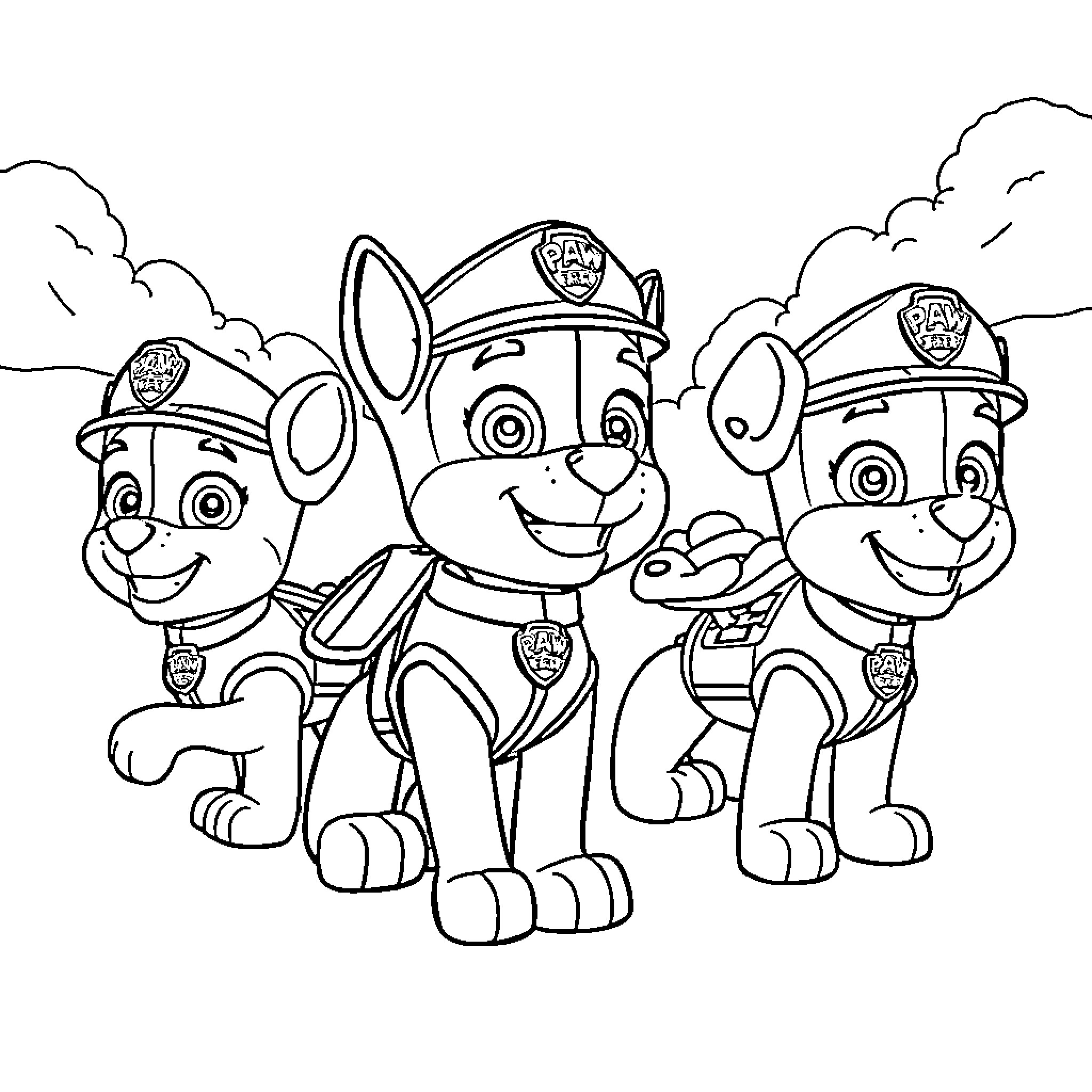 Paw Patrol pups ready for action Coloring Page (free black-and-white line drawing printable PDF for all, from beginners to advanced learners, including children, teens, adults, and seniors)