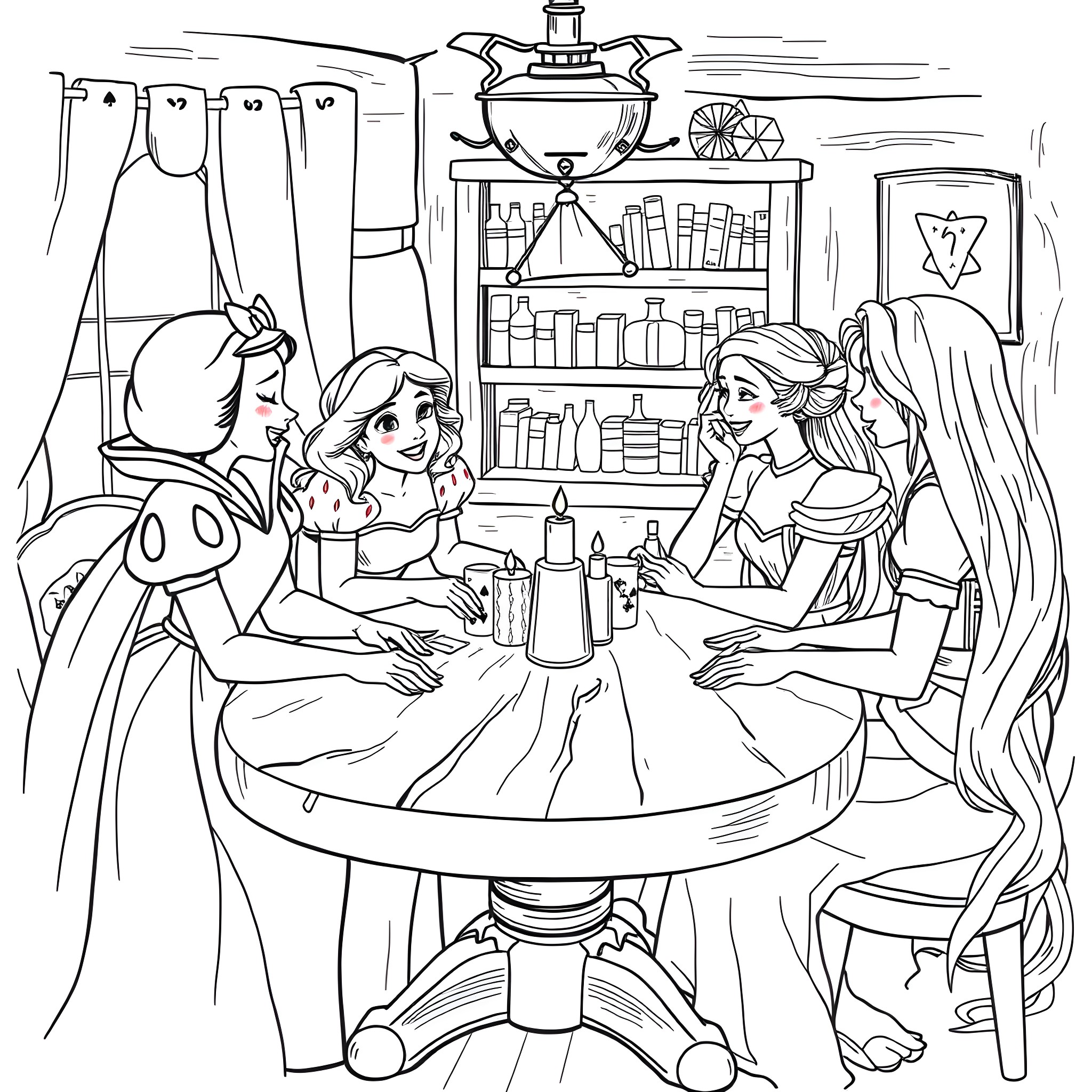 Nikke Girls Enjoying Afternoon Tea at Potion Shop Coloring Page (free black-and-white line drawing printable PDF for all, from beginners to advanced learners, including children, teens, adults, and seniors)
