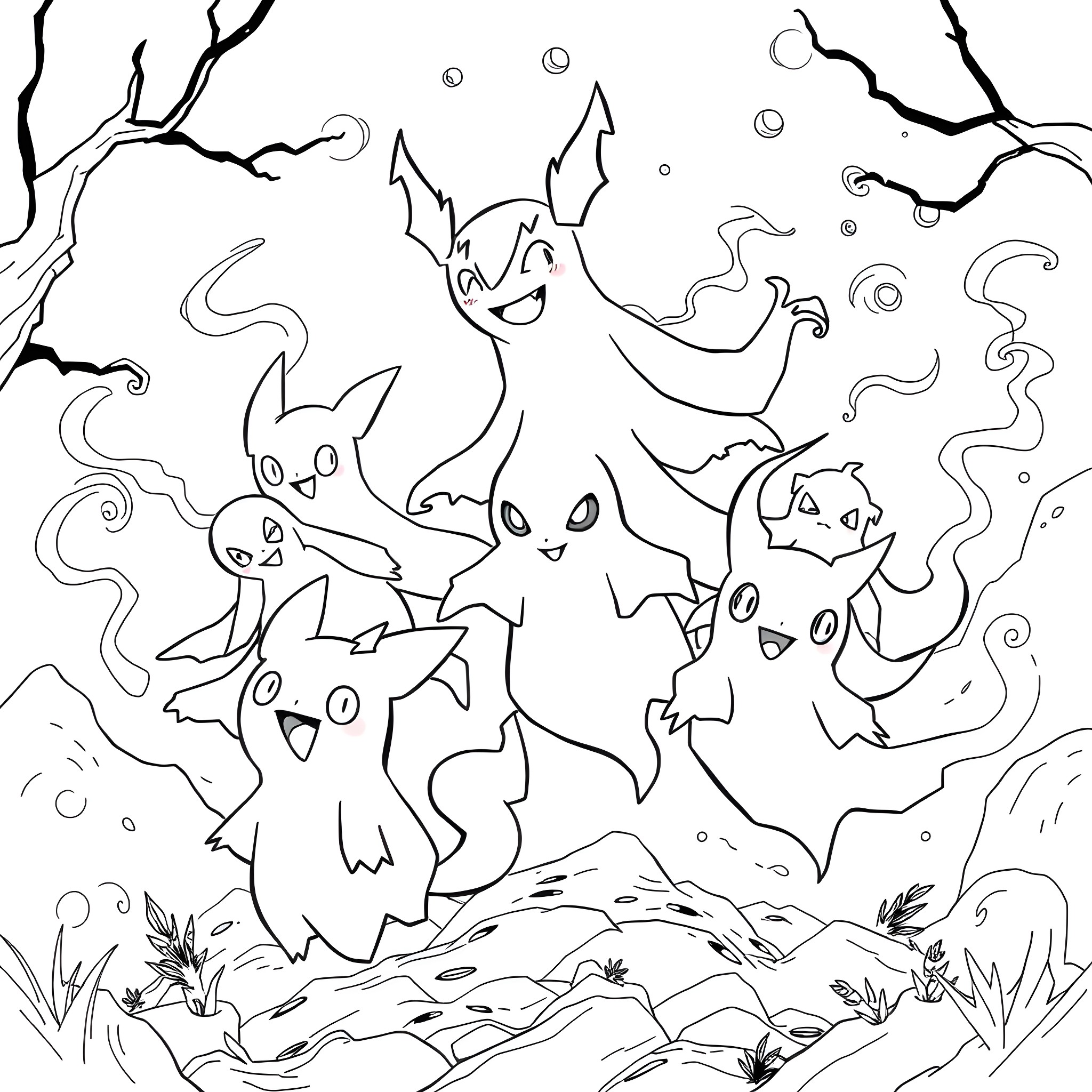 Ghost Pokemon engaging in playful, ghostly antics Coloring Page (free black-and-white line drawing printable PDF for all, from beginners to advanced learners, including children, teens, adults, and seniors)