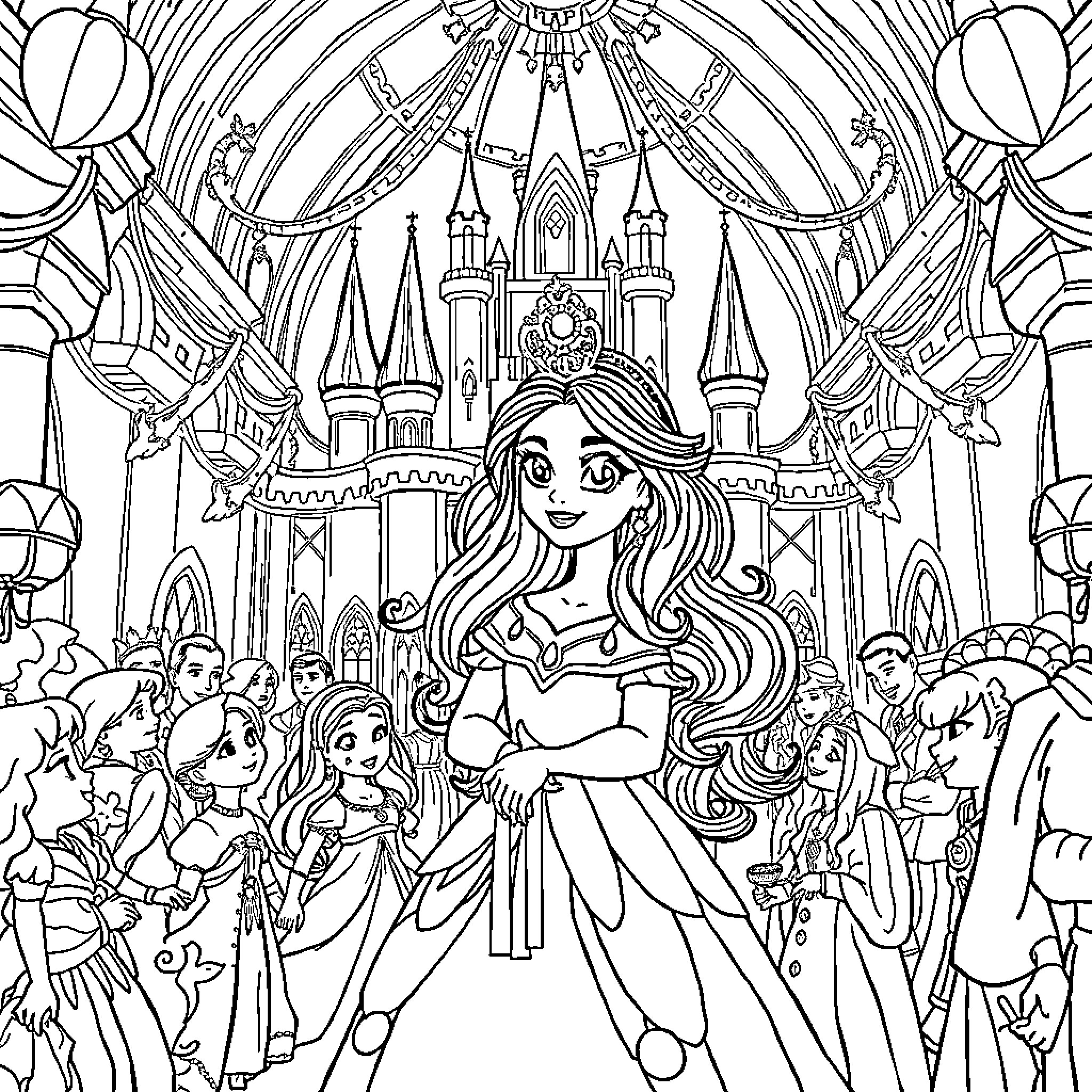 Elena's Enchanting Castle Celebration Coloring Page (free black-and-white line drawing printable PDF for all, from beginners to advanced learners, including children, teens, adults, and seniors)