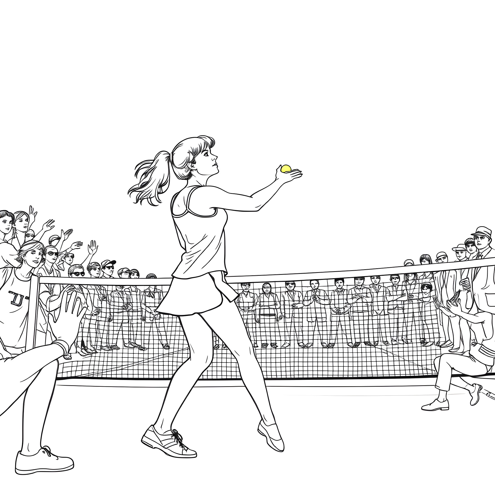 Nina Hartley Engaging in Energetic Sporting Activity Coloring Page (free black-and-white line drawing printable PDF for all, from beginners to advanced learners, including children, teens, adults, and seniors)