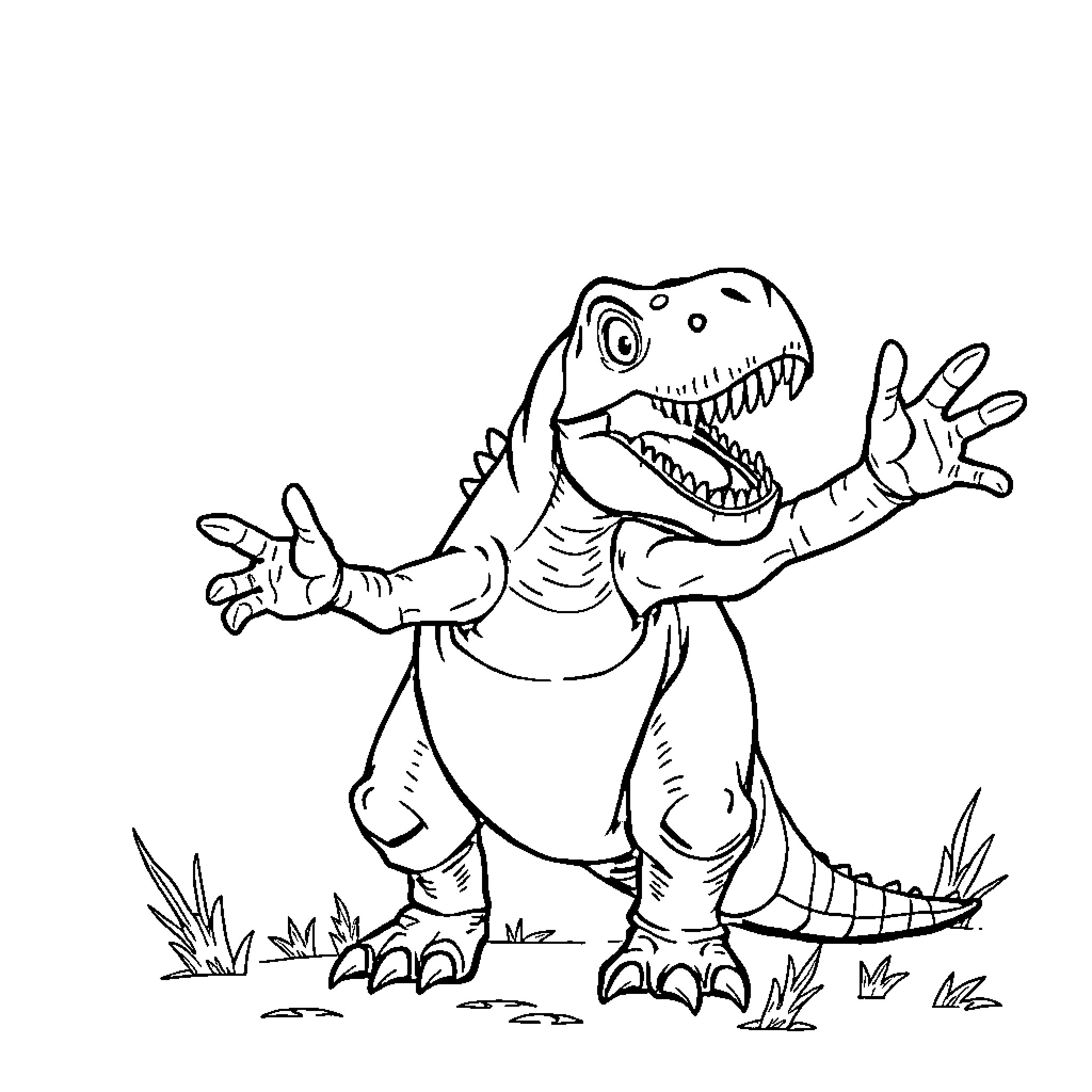 Dinosaur with open jaws in the wild Coloring Page (free black-and-white line drawing printable PDF for all, from beginners to advanced learners, including children, teens, adults, and seniors)
