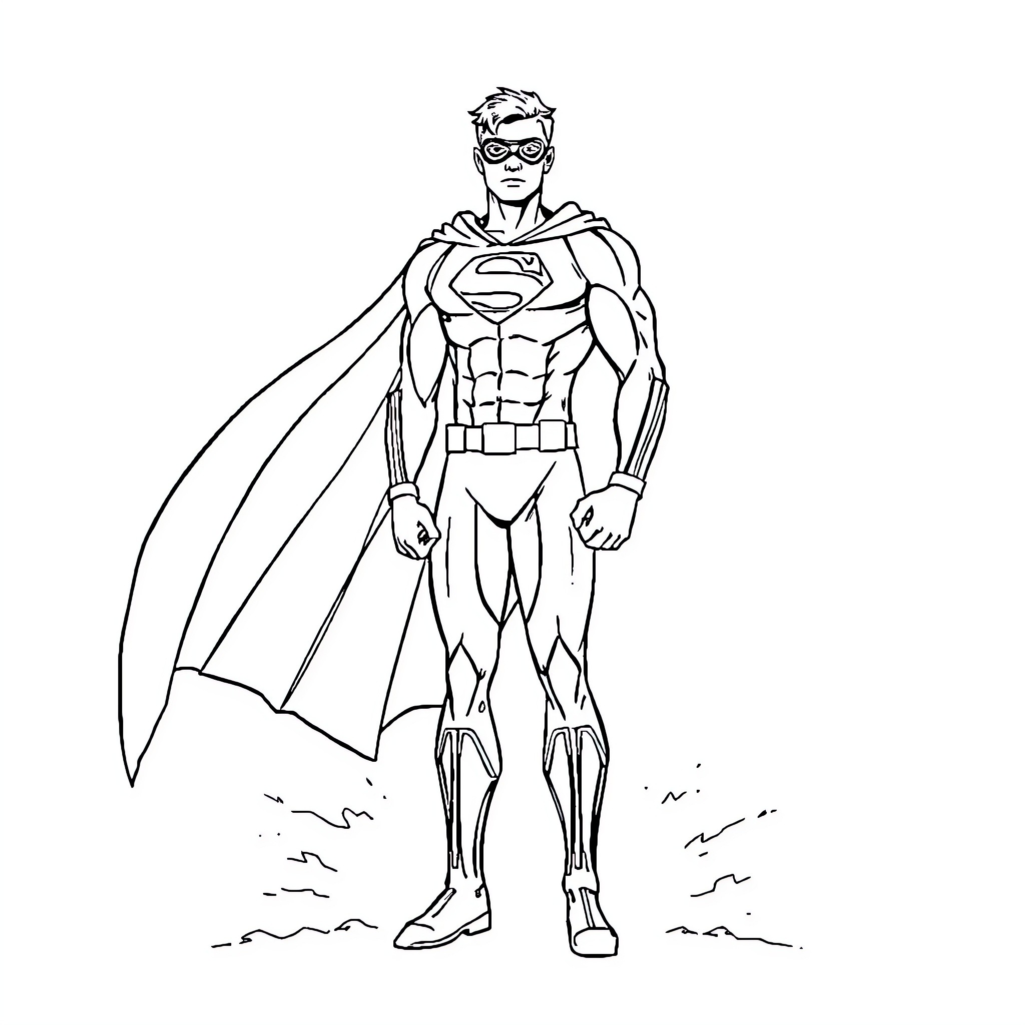 Superhero in Heroic Pose on Dramatic Scene Coloring Page (free black-and-white line drawing printable PDF for all, from beginners to advanced learners, including children, teens, adults, and seniors)