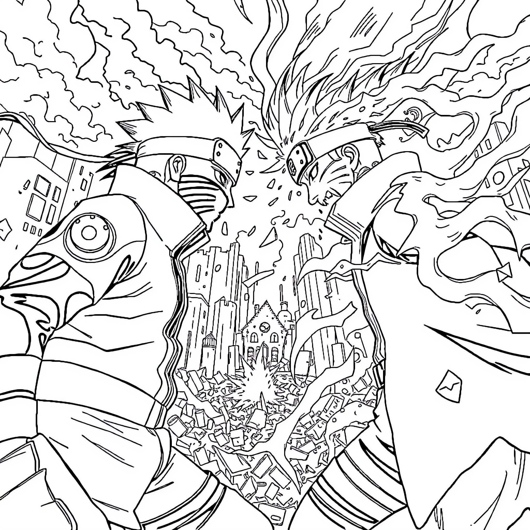 Naruto characters in epic battle scene Coloring Page (free black-and-white line drawing printable PDF for all, from beginners to advanced learners, including children, teens, adults, and seniors)