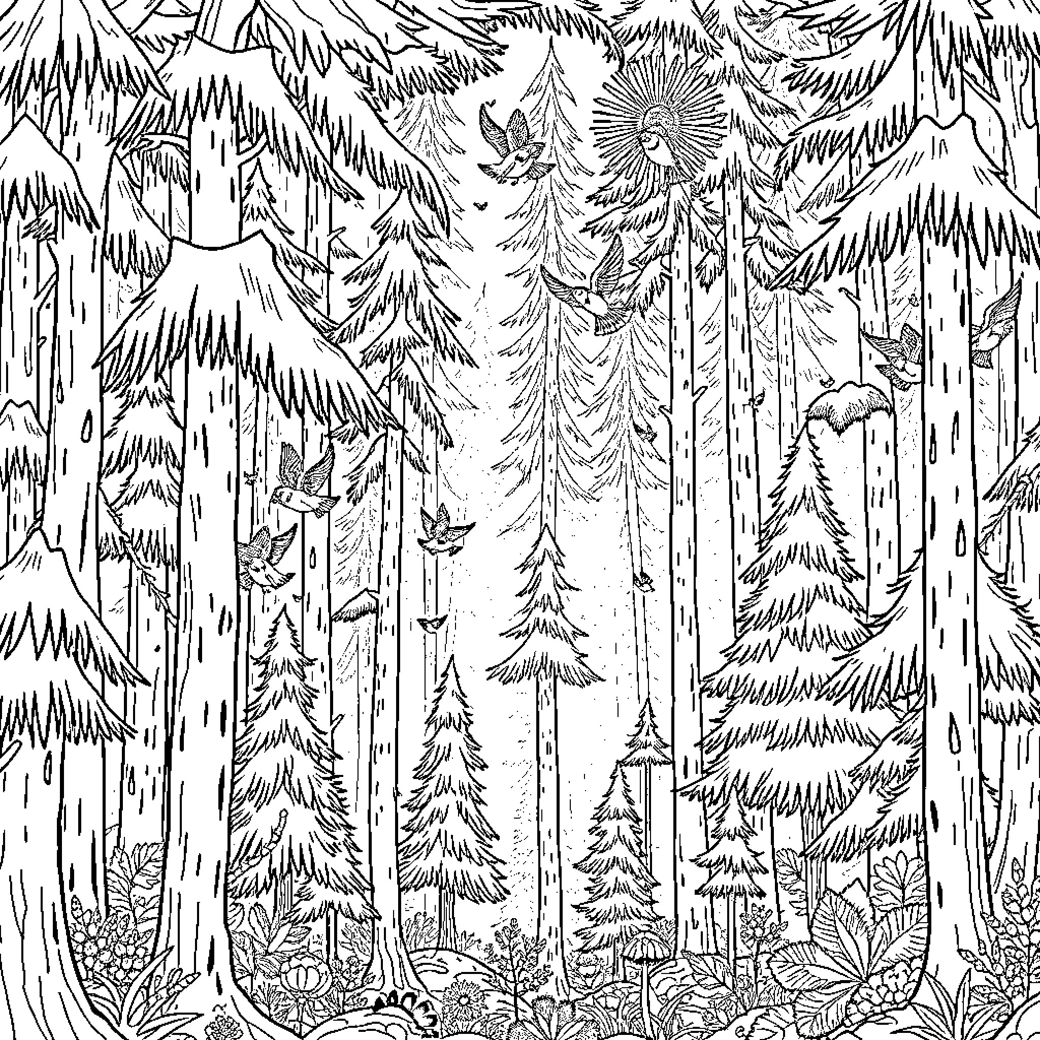 Forest filled with intricate flora and fauna Coloring Page (free black-and-white line drawing printable PDF for all, from beginners to advanced learners, including children, teens, adults, and seniors)