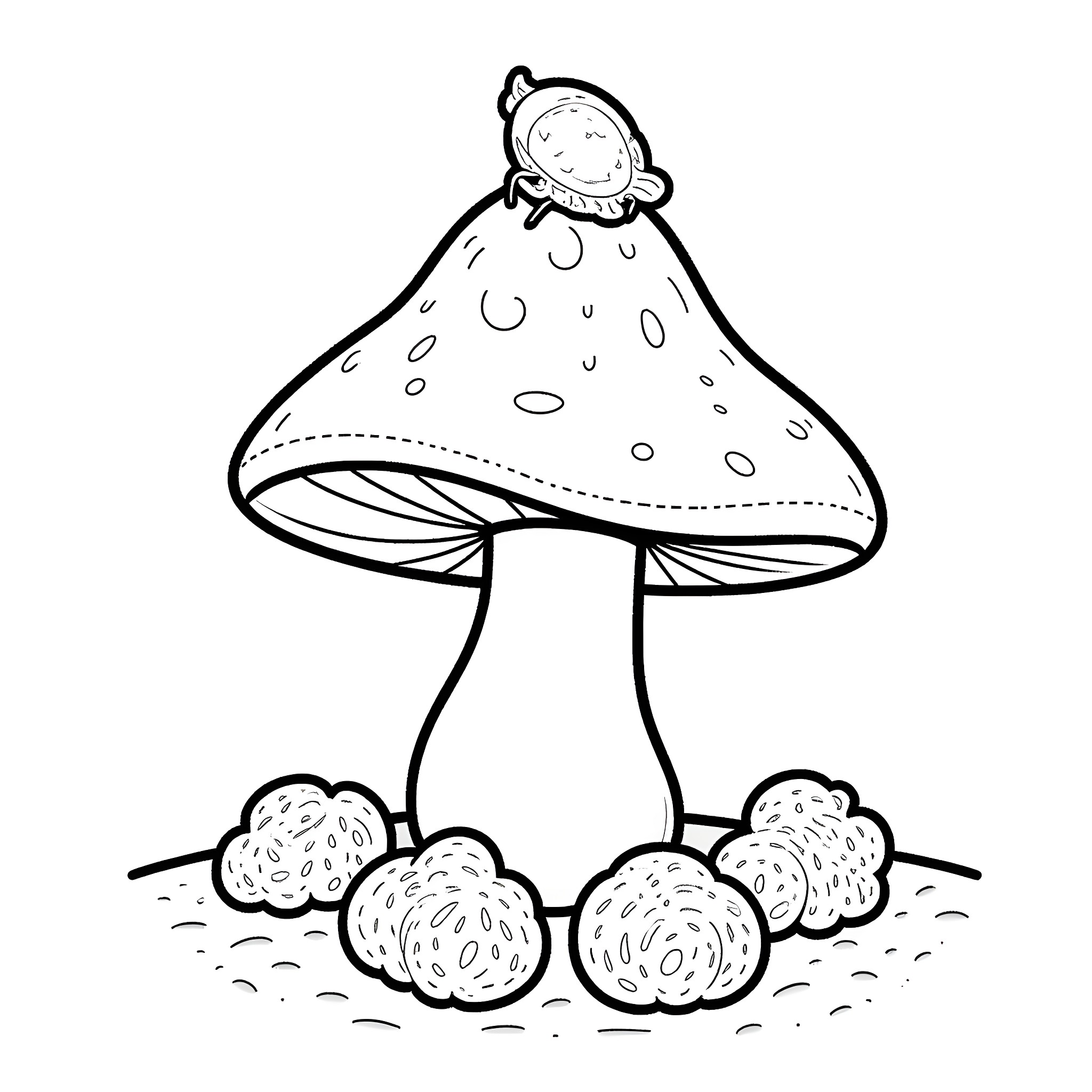 Chicken sitting on a mushroom Coloring Page (free black-and-white line drawing printable PDF for all, from beginners to advanced learners, including children, teens, adults, and seniors)
