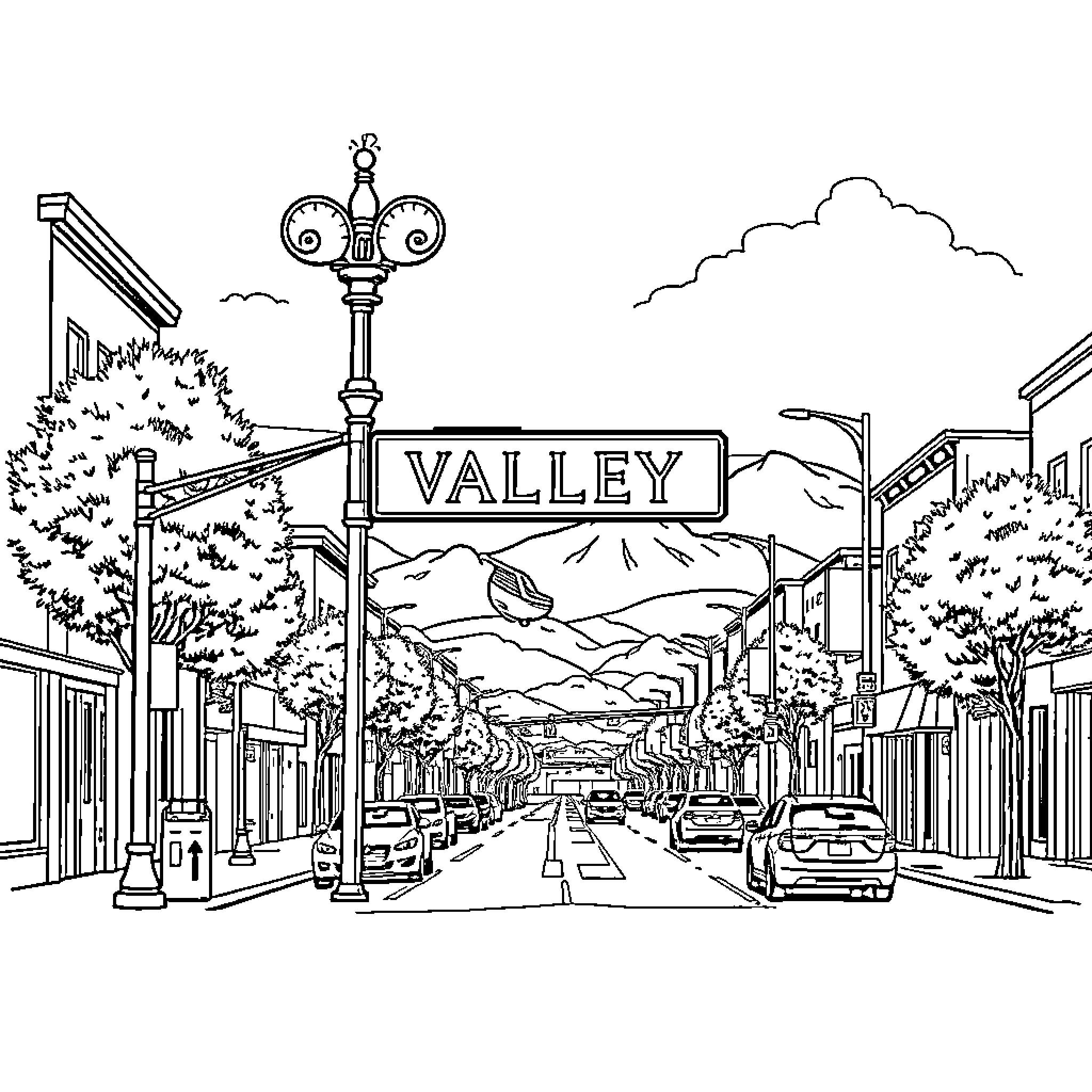 Valley street scene with buildings, trees, and signage Coloring Page (free black-and-white line drawing printable PDF for all, from beginners to advanced learners, including children, teens, adults, and seniors)
