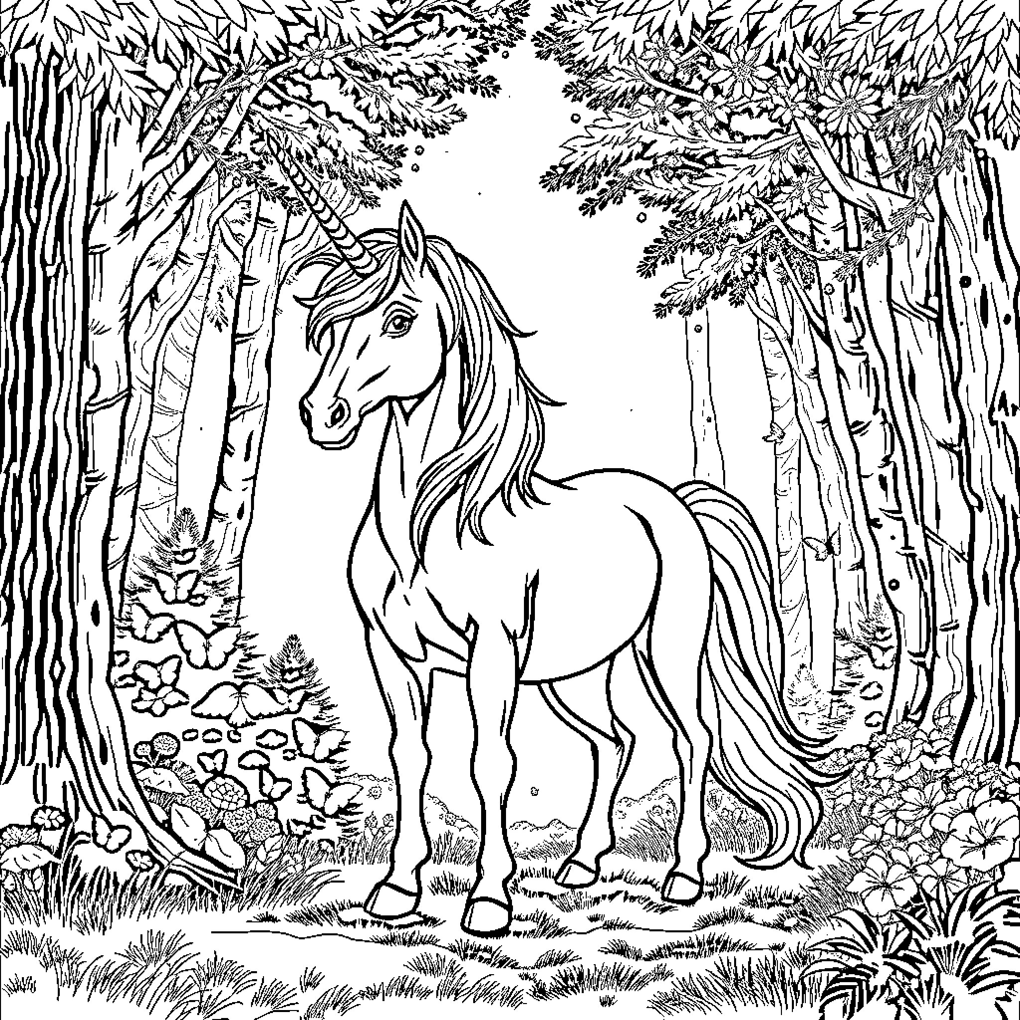Unicorn standing proudly in a magical forest Coloring Page (free black-and-white line drawing printable PDF for all, from beginners to advanced learners, including children, teens, adults, and seniors)