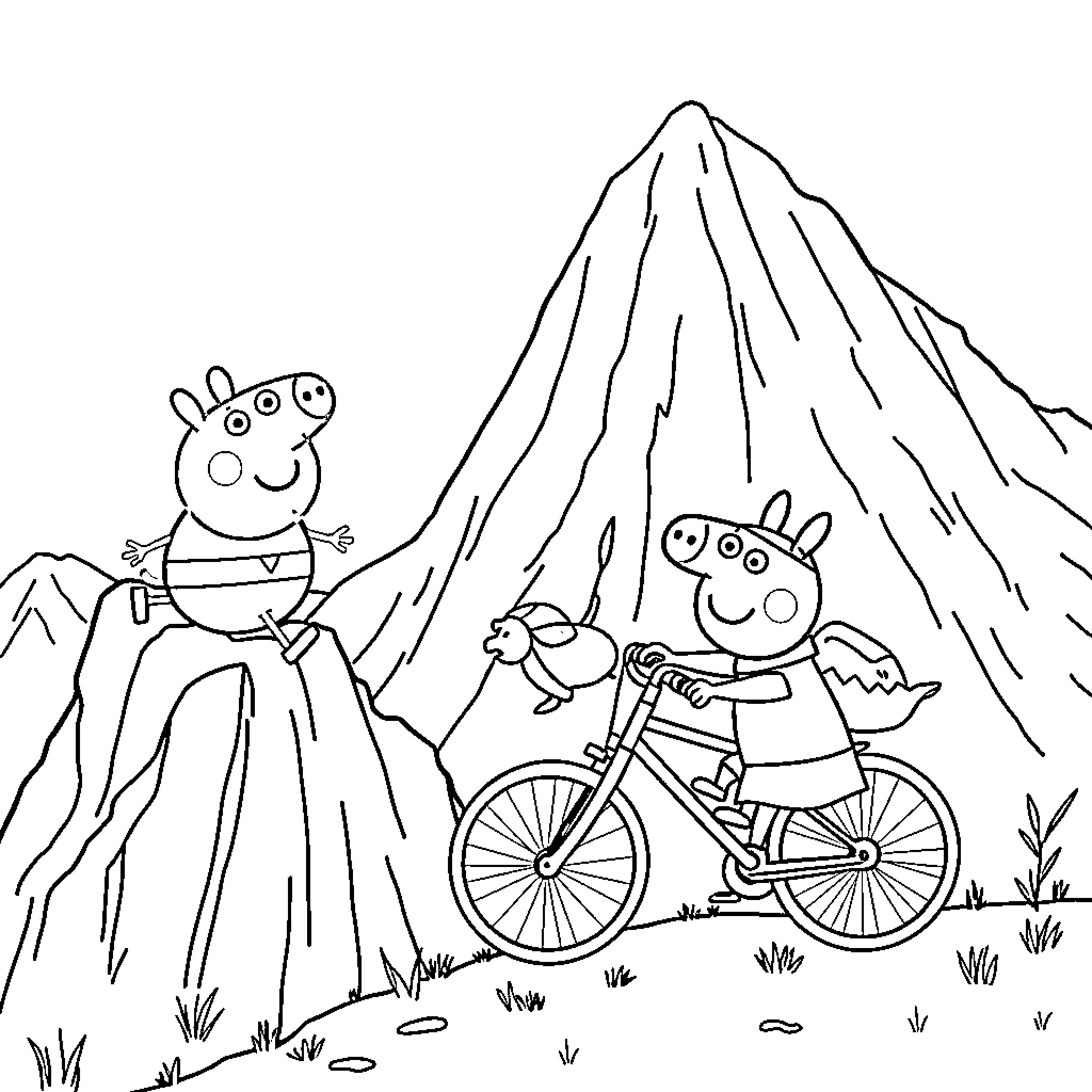 Peppa Pig and George Pig Adventuring in the Mountains Coloring Page (free black-and-white line drawing printable PDF for all, from beginners to advanced learners, including children, teens, adults, and seniors)