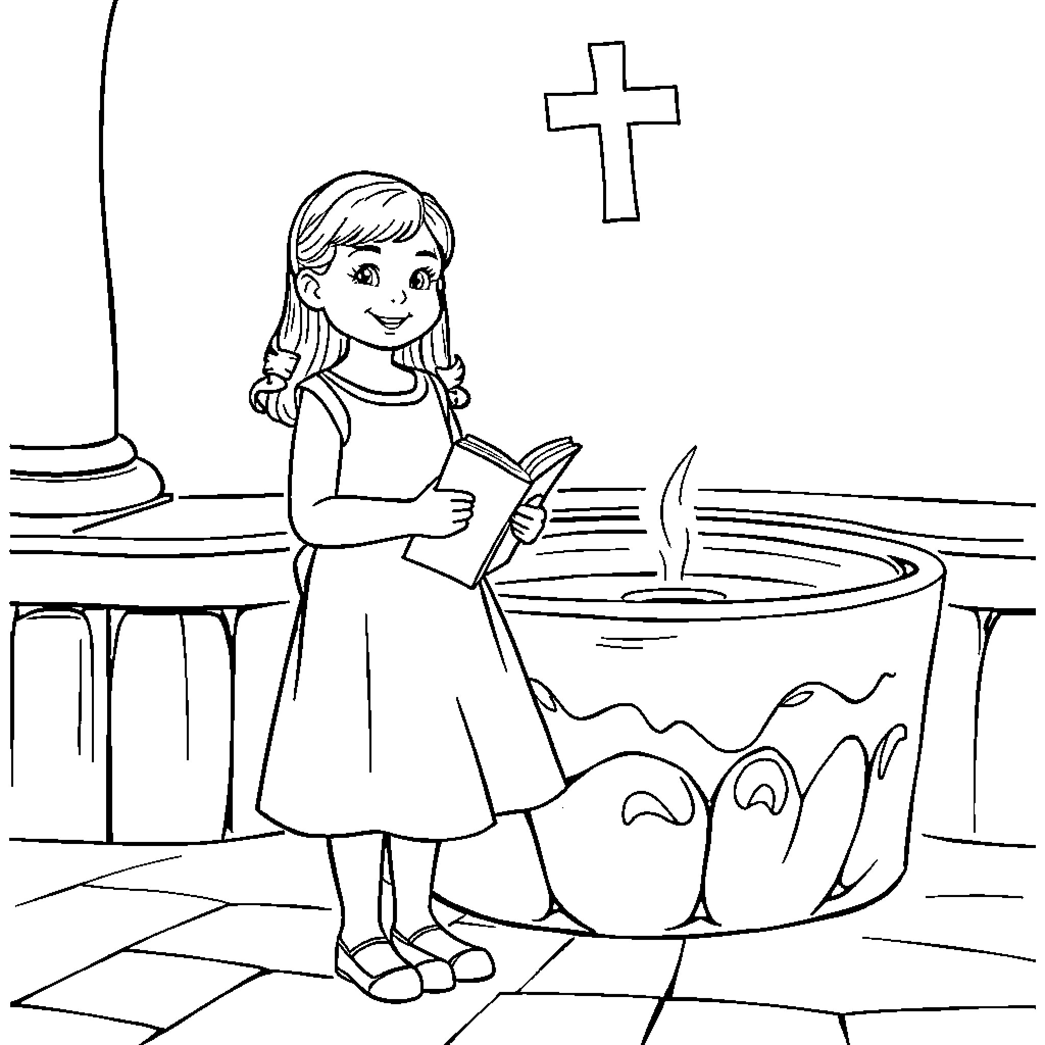 LDS Girl Attending Church Service Coloring Page (free black-and-white line drawing printable PDF for all, from beginners to advanced learners, including children, teens, adults, and seniors)