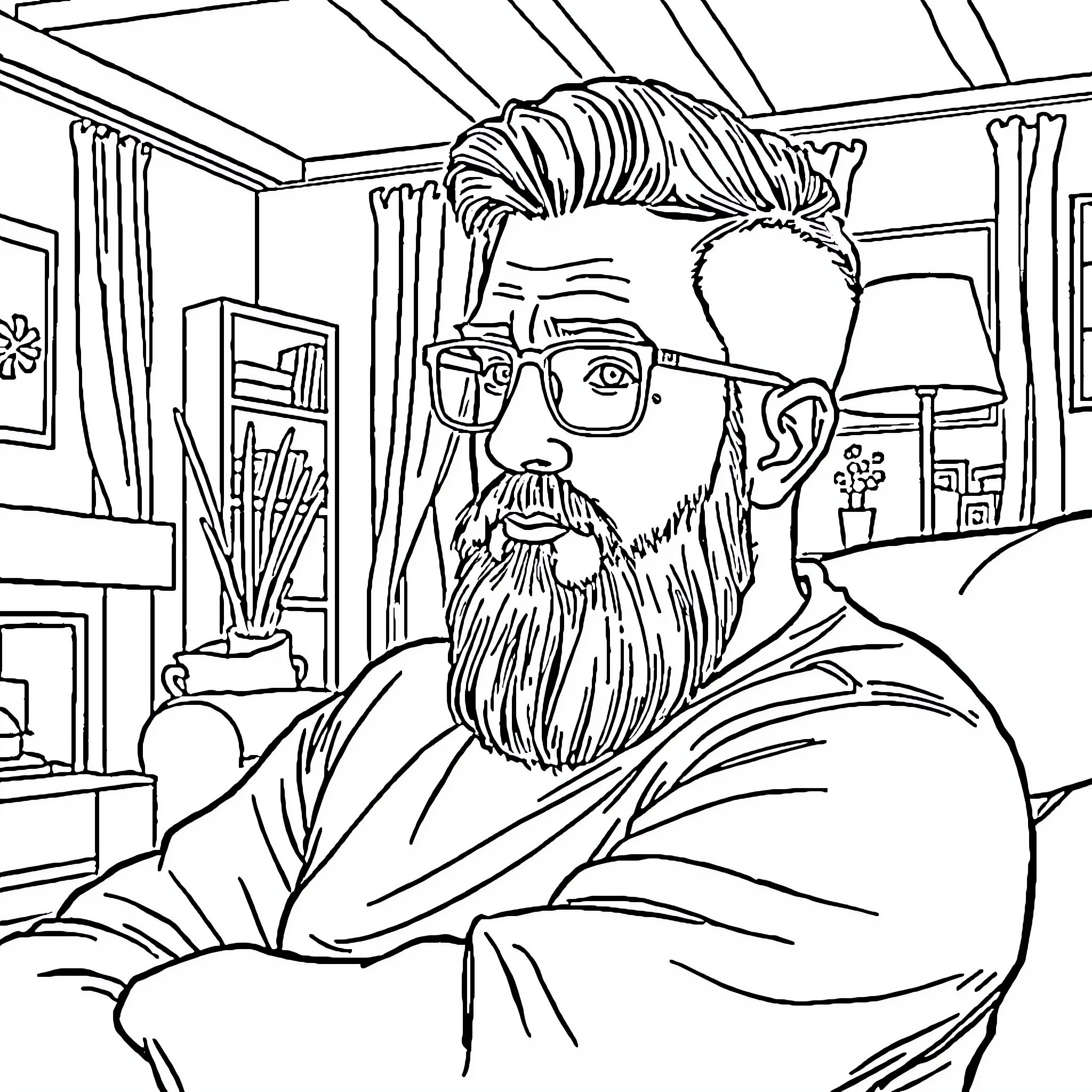 Man with beard and glasses relaxing in home interior Coloring Page (free black-and-white line drawing printable PDF for all, from beginners to advanced learners, including children, teens, adults, and seniors)