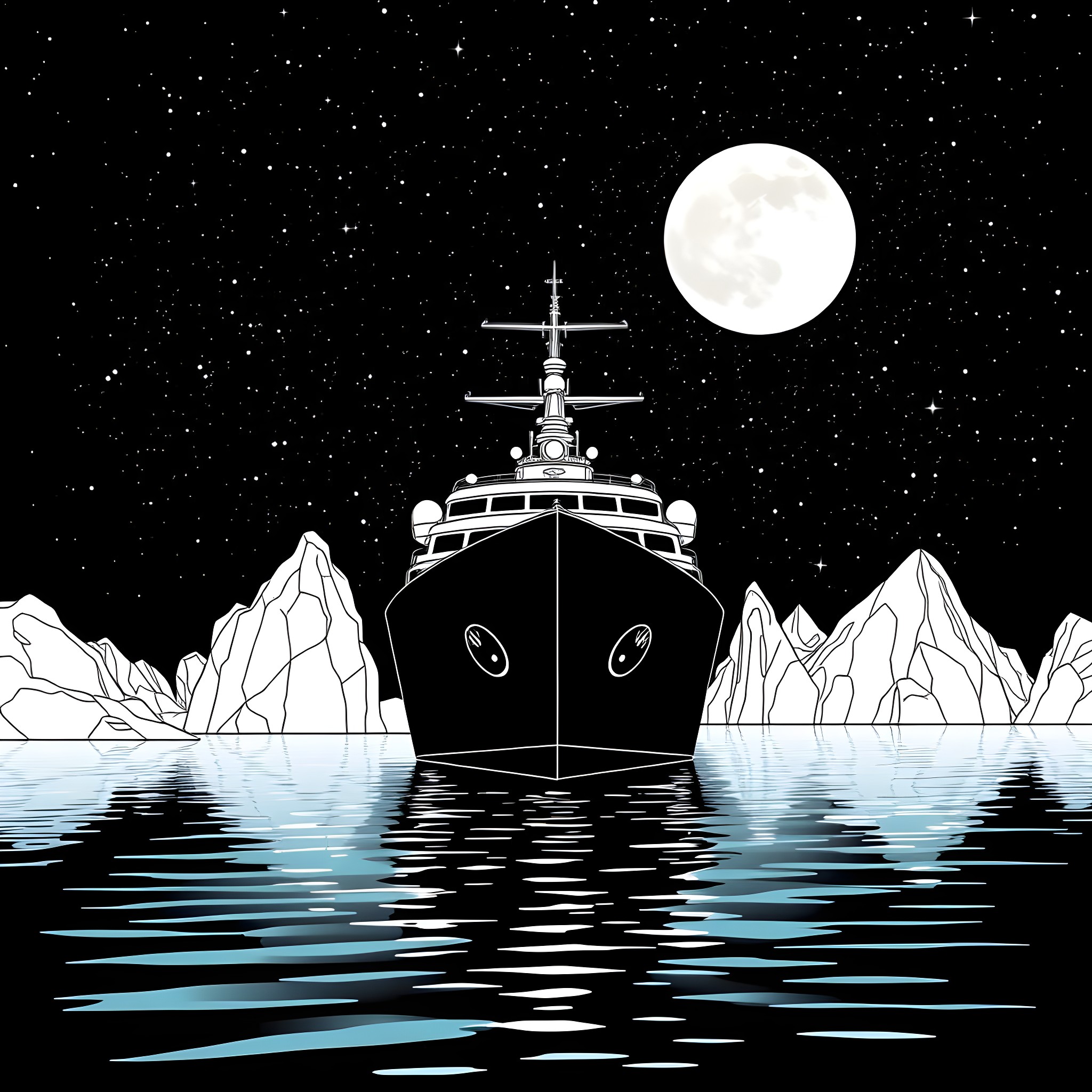 Ship sailing in the moonlit night Coloring Page (free black-and-white line drawing printable PDF for all, from beginners to advanced learners, including children, teens, adults, and seniors)