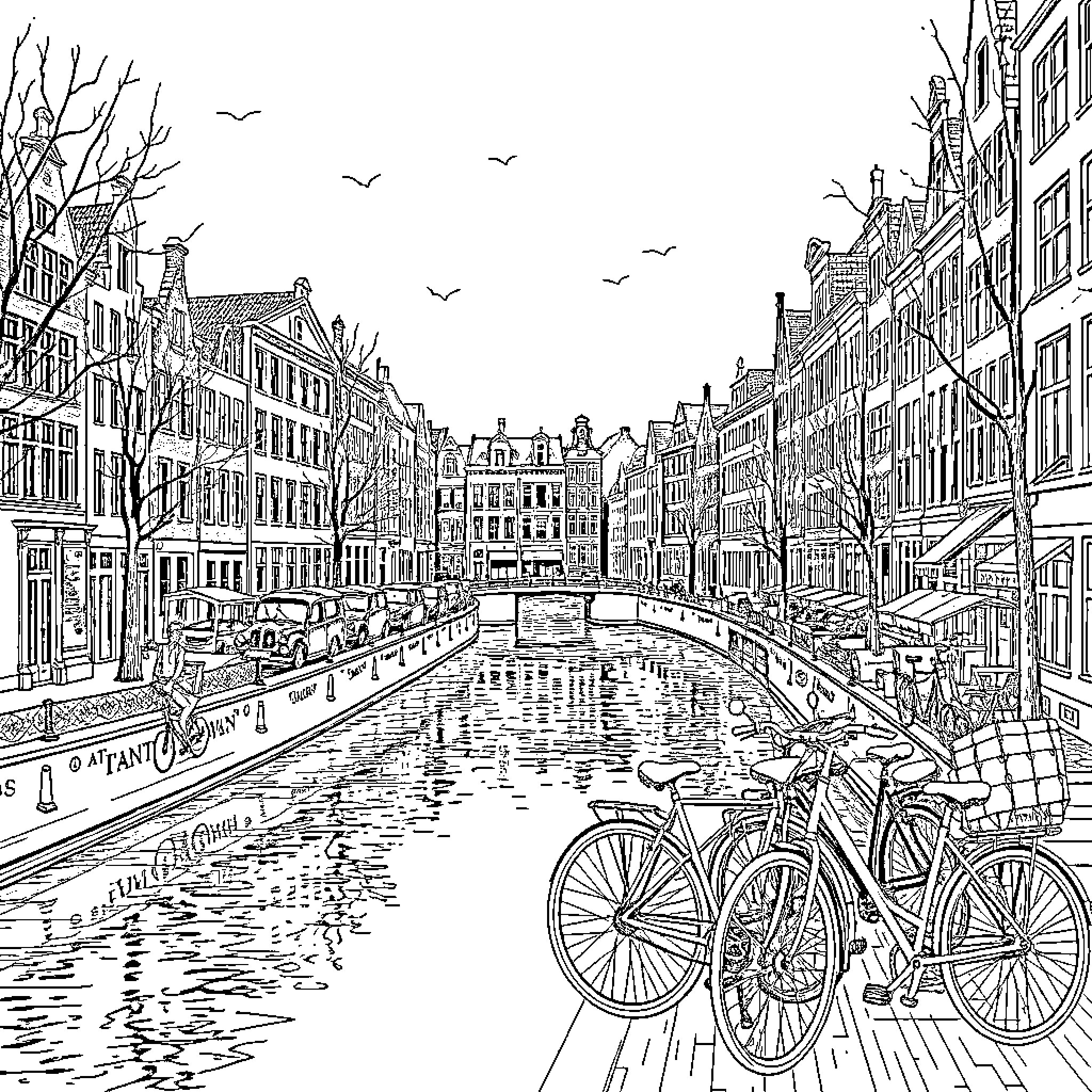 Amsterdam cityscape with bicycles along canal Coloring Page (free black-and-white line drawing printable PDF for all, from beginners to advanced learners, including children, teens, adults, and seniors)