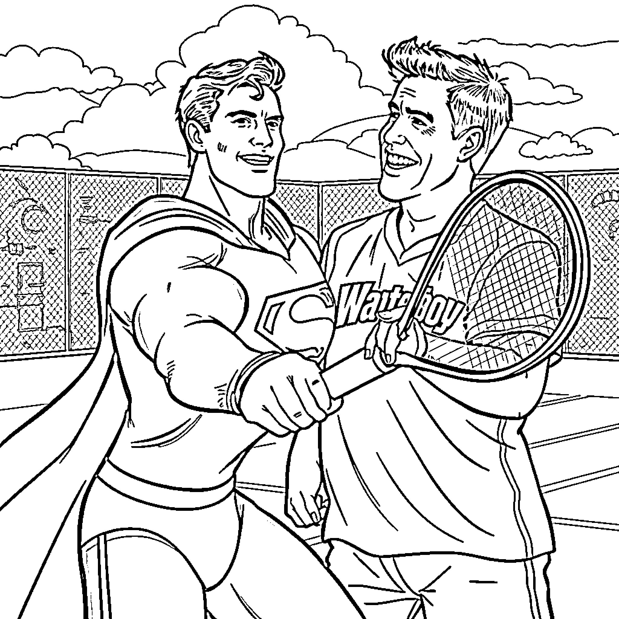 Superman and Friend Enjoy Tennis Match in Park Coloring Page (free black-and-white line drawing printable PDF for all, from beginners to advanced learners, including children, teens, adults, and seniors)