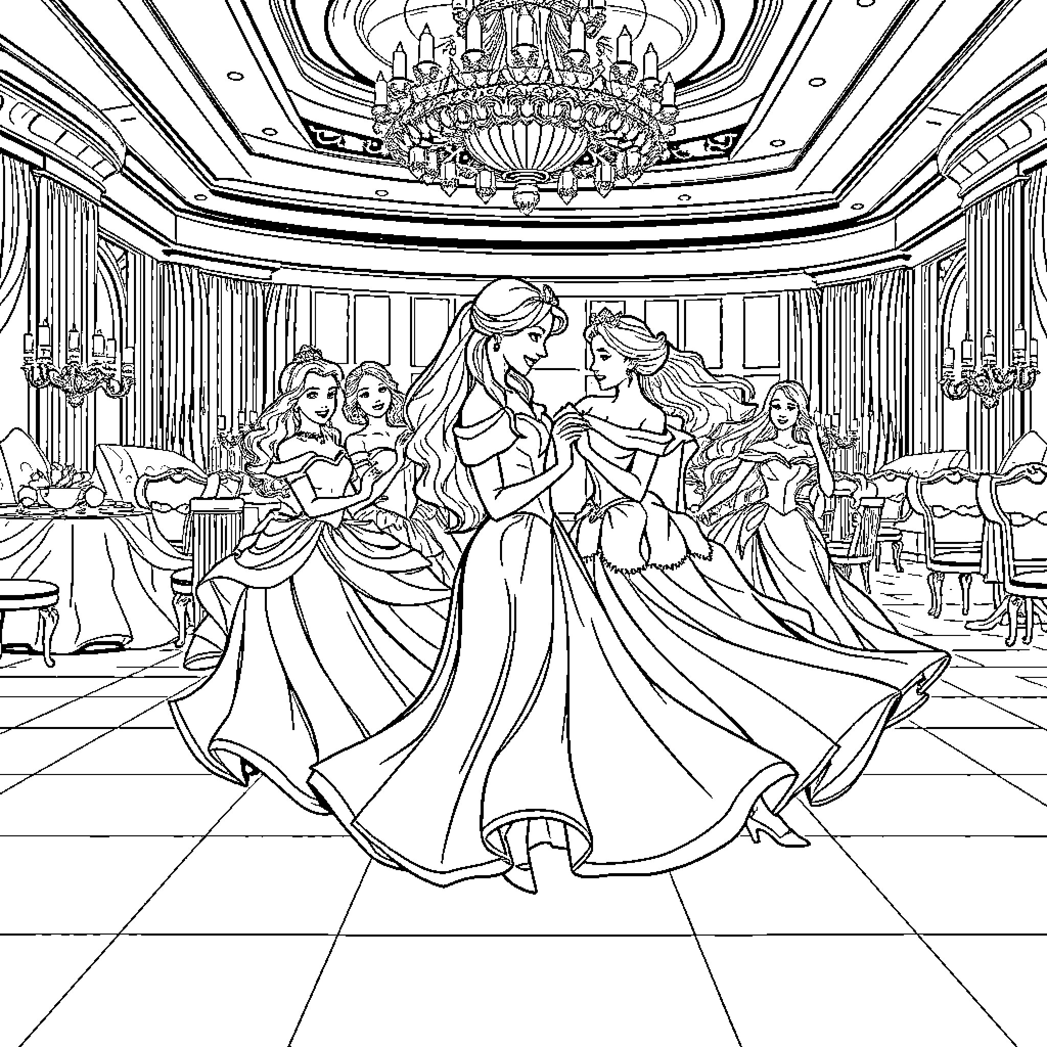Princesses Dancing in the Enchanted Ballroom Coloring Page (free black-and-white line drawing printable PDF for all, from beginners to advanced learners, including children, teens, adults, and seniors)